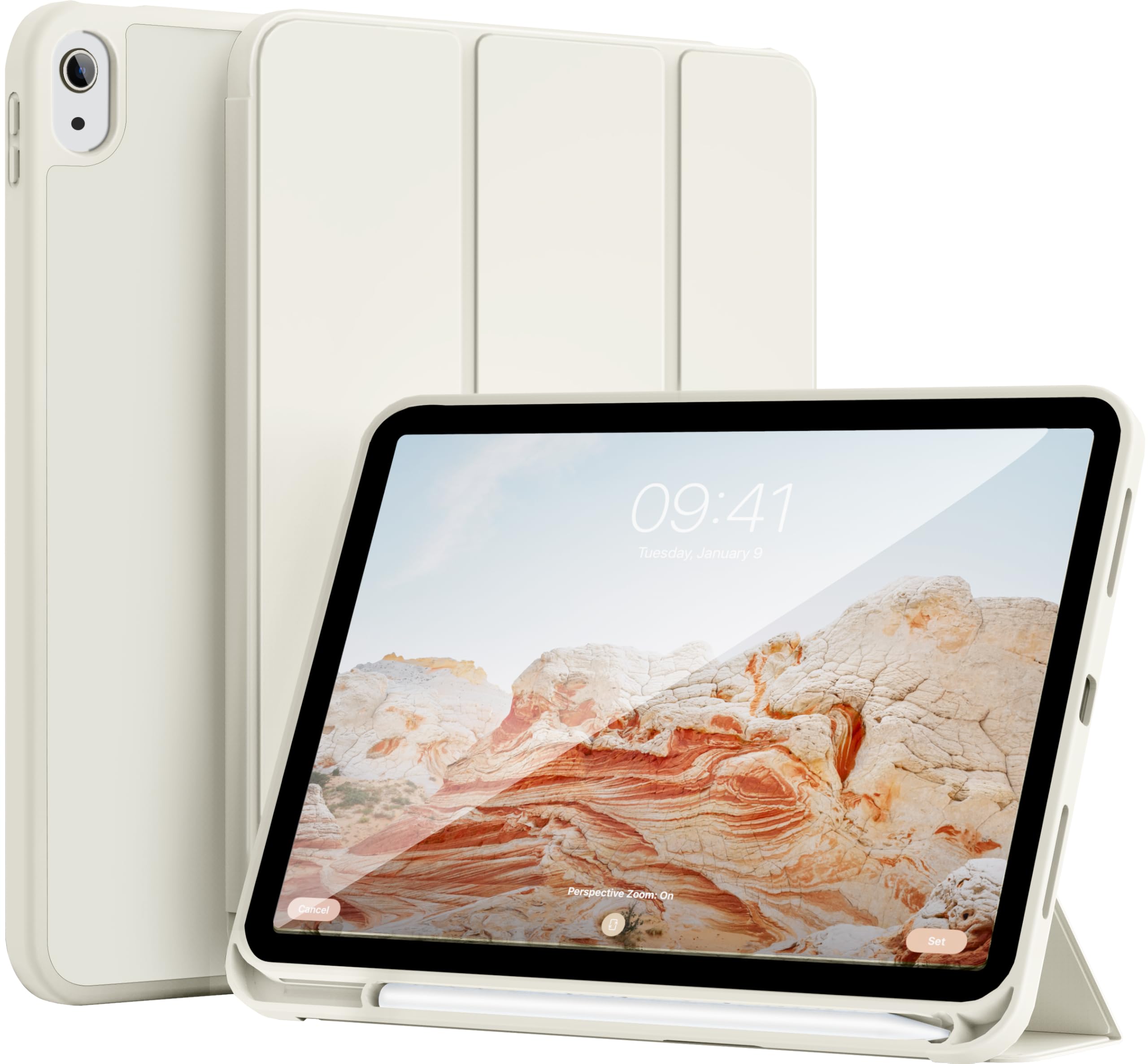 zoyu Hülle für iPad A16 11. Generation 2025 / iPad 10. Generation 2022 10,9 Zoll mit Stifthalter, Weiche TPU Stoßfeste Case, Magnetische Dreifach-Klapp-Hülle, Auto Wachen/Schlafen, Cremeweiß