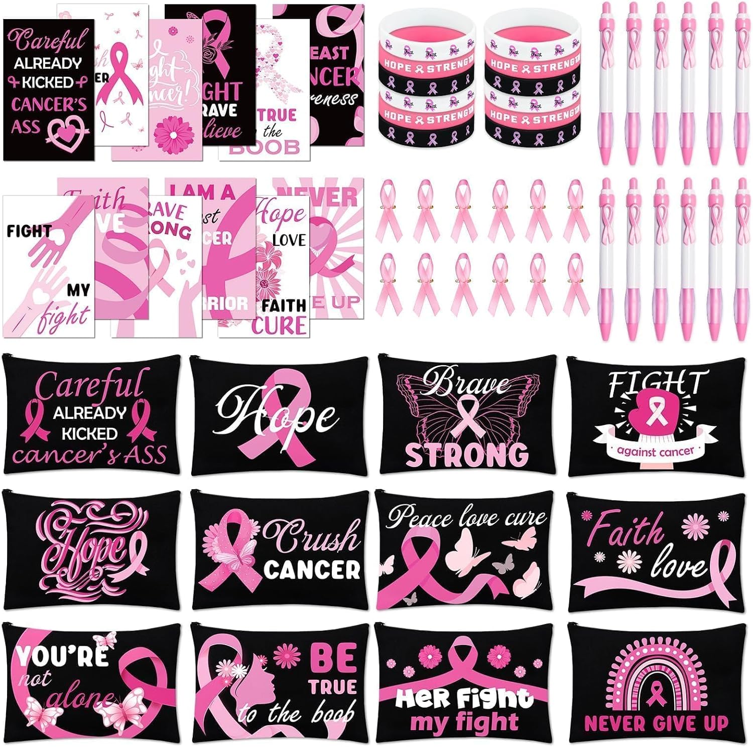 60 Pcs Breast Cancer Awareness Gifts Set Include Breast Cancer Accessories for Women Pink Ribbon Notebooks Pens Bracelets Pins Bags for Breast Cancer Charity Event Survivor Campaign Supplies