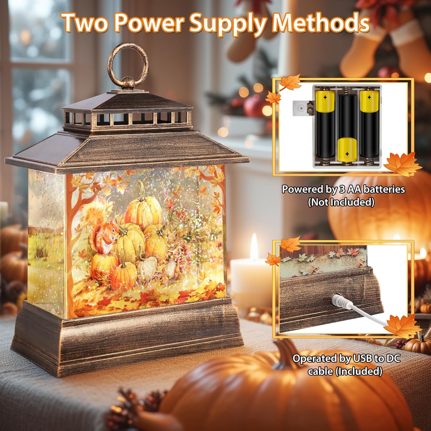 Fall Snow Globe Lantern Thanksgiving Pumpkins and Squirrels Water Lantern with Swirling Glitter 6H Timer Remote Control Fall Decorations for Home Thanksgiving Autumn Harvest (Pumpkin and Squirrel) - Image 4