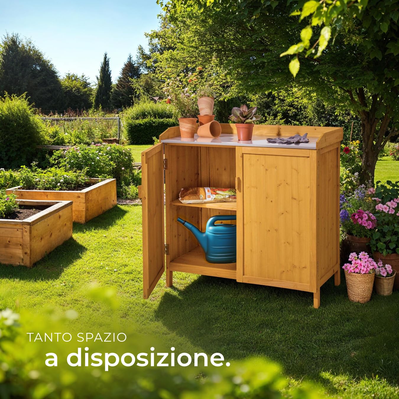 Tectake Armadietto da Giardino con Piano Lavoro Zincato 98x48x95 cm Spazio Utensili Accessori Barbecue Tavolino Giardinaggio Mobile Giardino
