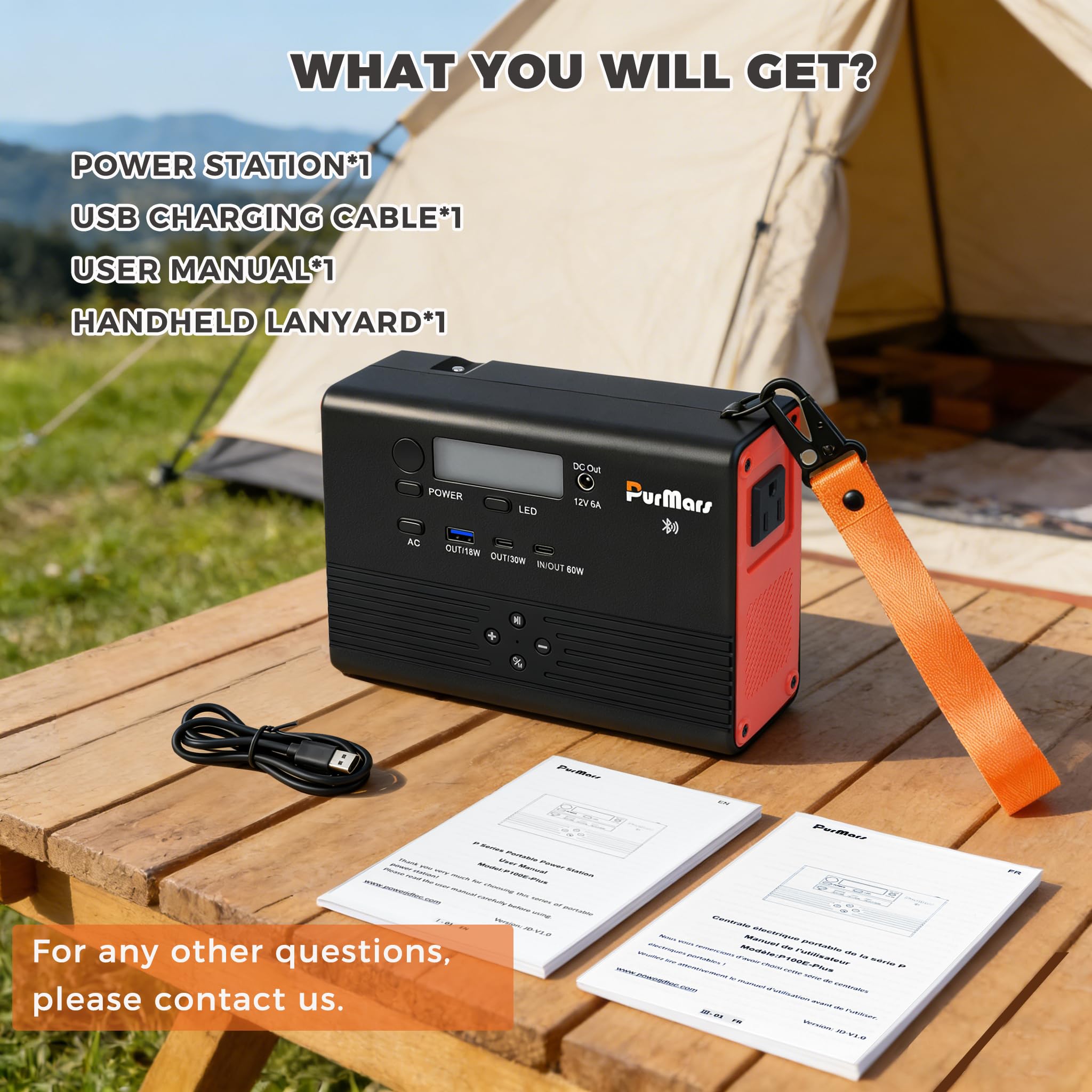 Stazione di ricarica portatile Purmars,power bank da 92Wh/100W:altoparlante Bluetooth,radio FM,ricarica rapida PD,uscita CA 230V e porte multiple.ideale per il campeggio e l'alimentazione di emergenza