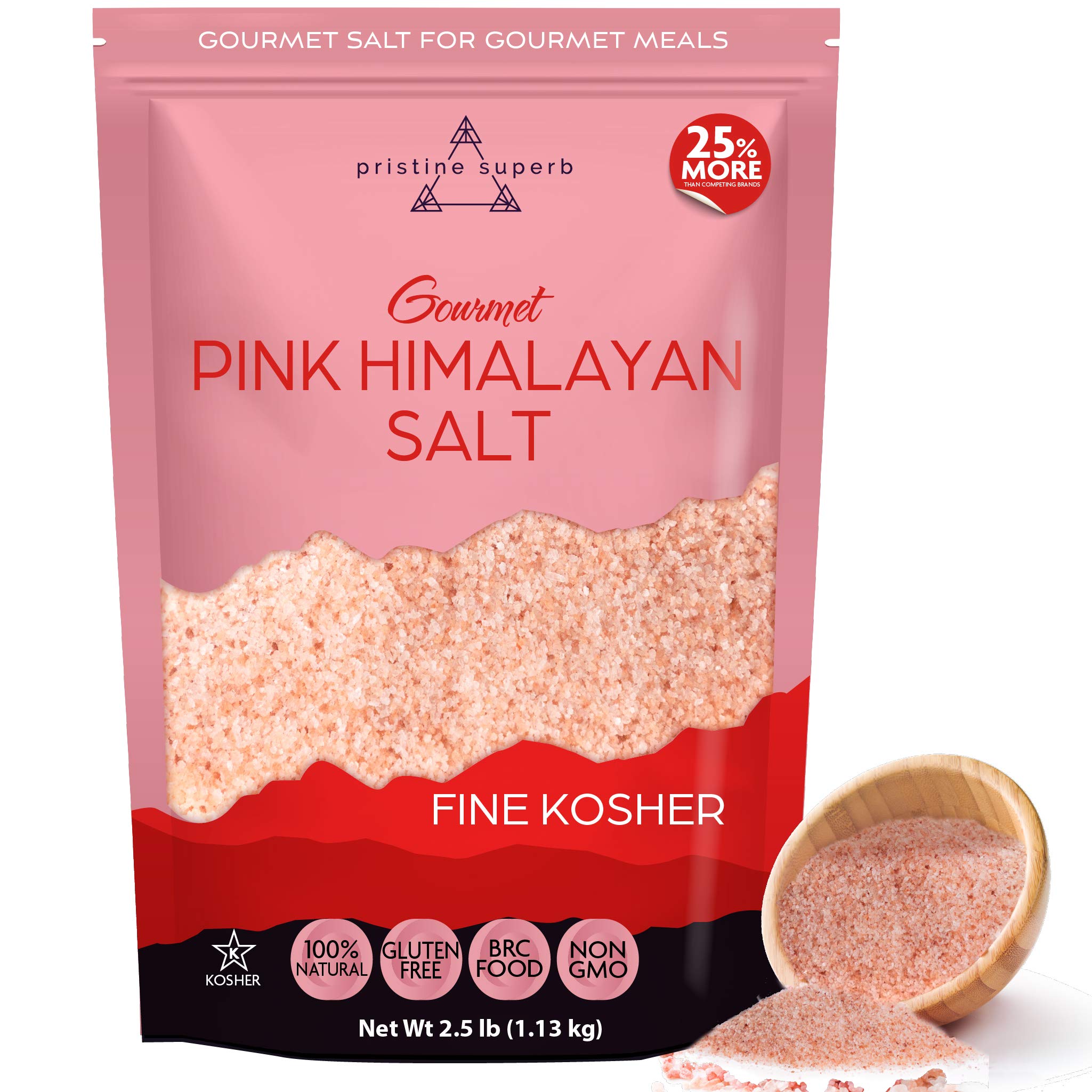 Pink Himalayan Salt - Fine Grain - ALL Natural Organic Compliant, Kosher Certified, Superior to Sea Salt - Gourmet Pure Crystal Nutrient, Mineral Dense for Health (2.5 Lb Bag)