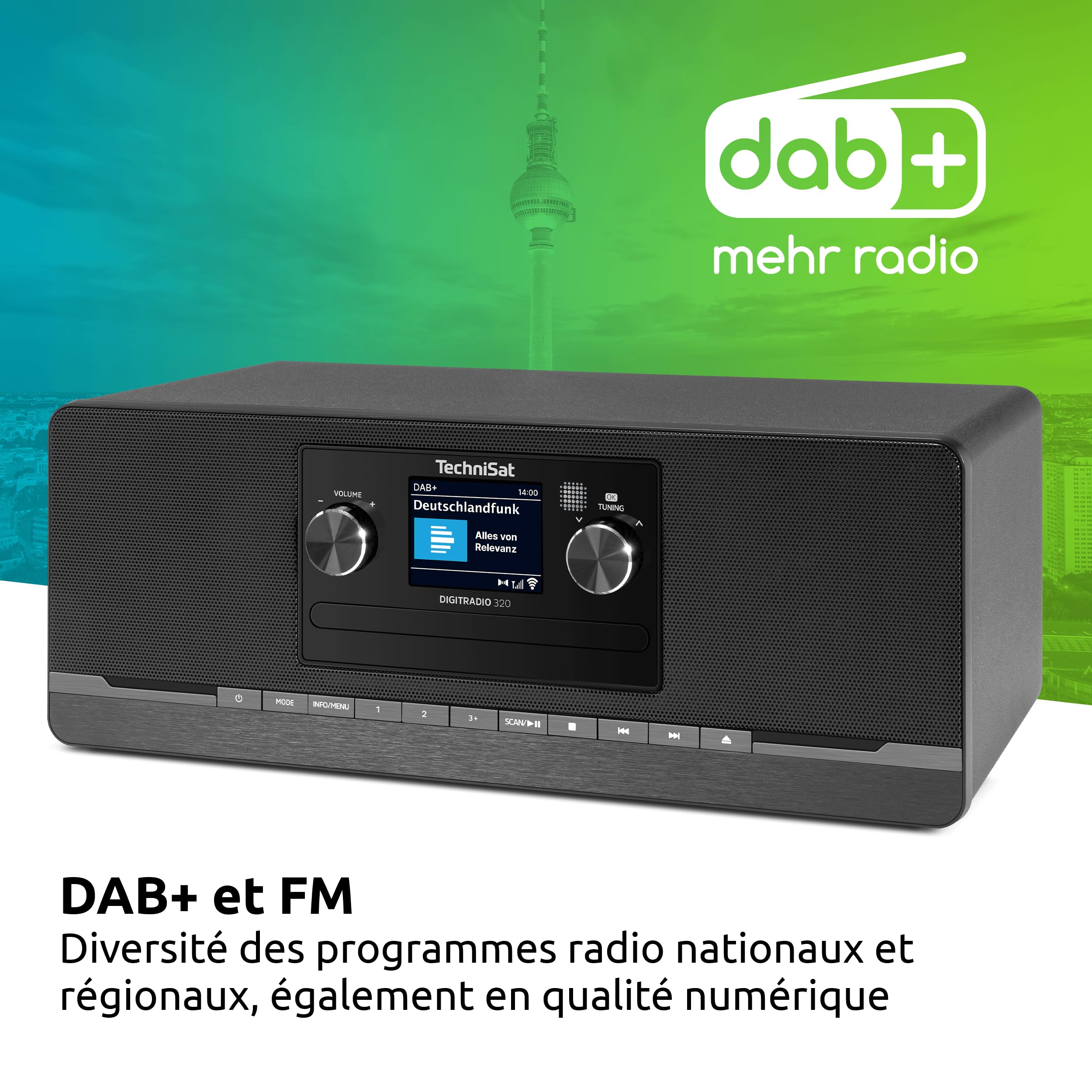 TechniSat DIGITRADIO 320 – Chaîne Hi-FI compacte stéréo (Dab+ & FM, Lecteur CD, Bluetooth, USB, 2×5 W RMS, écran Couleur TFT, réveil, minuterie, télécommande) Noir