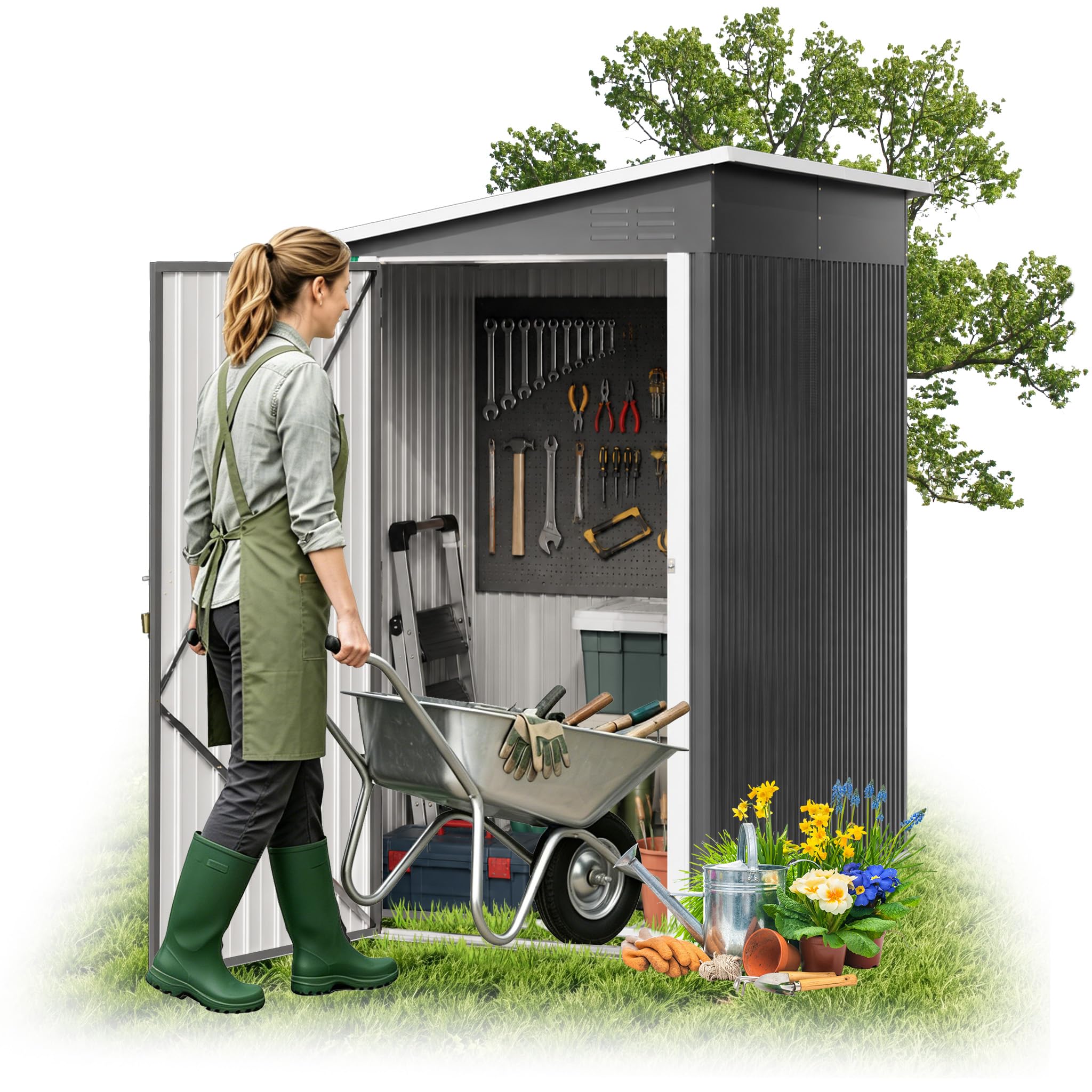 UISEBRT Capanno in metallo, 4 m³, 192 x 132 x 185 cm, resistente alle intemperie, con tetto inclinato e aperture di ventilazione, casetta da giardino chiudibile per attrezzi da giardino, attrezzi e
