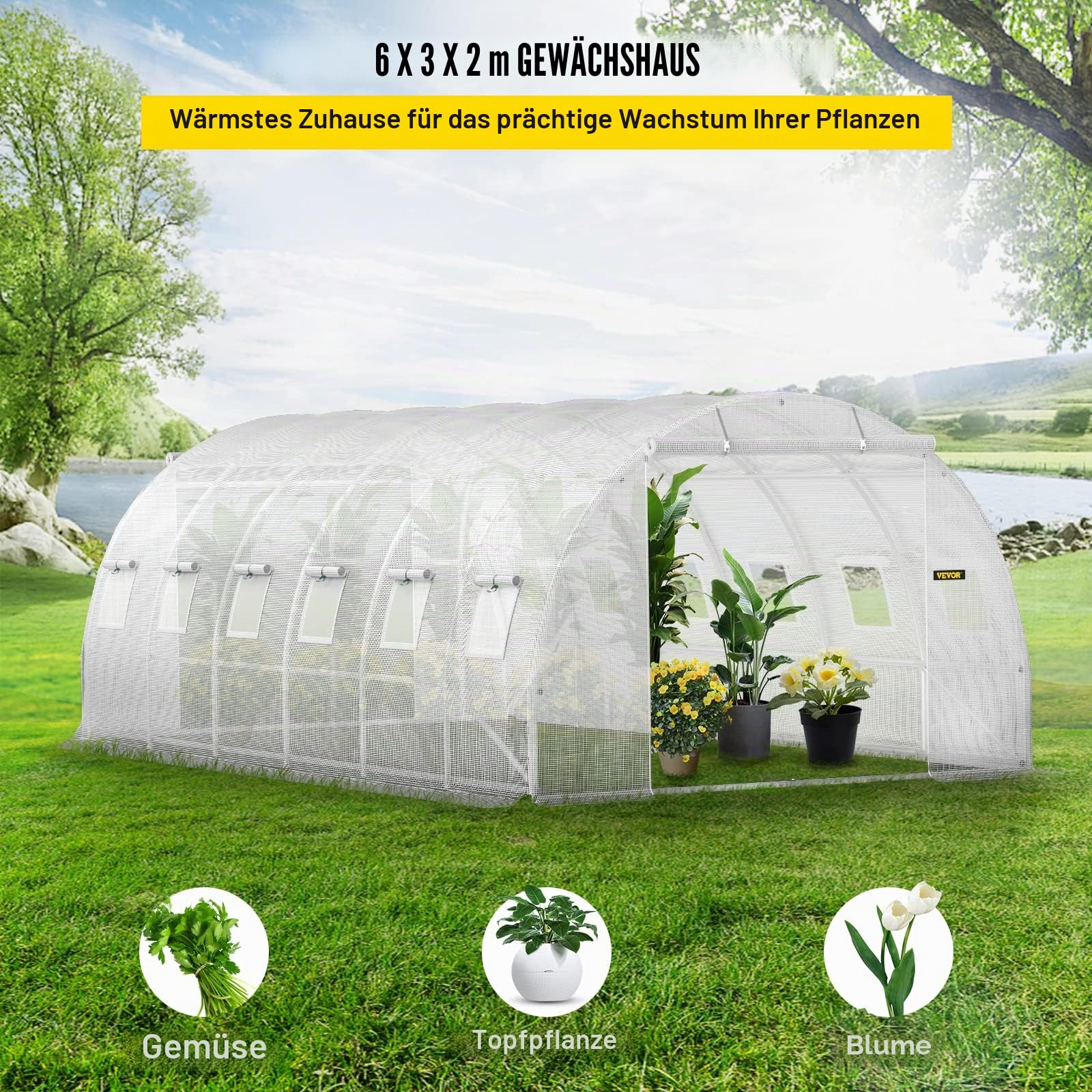 VEVOR Foliengewächshaus 6,1x3x2,1m Bogendach Gewächshaus Verzinkter Stahlrahmen 140 g/cm³ PE Mobiles Treibhaus Wasserdicht und UV-Beständig Frühbeet Geeignet für Anbau von Gemüse Blumen Pflanzen