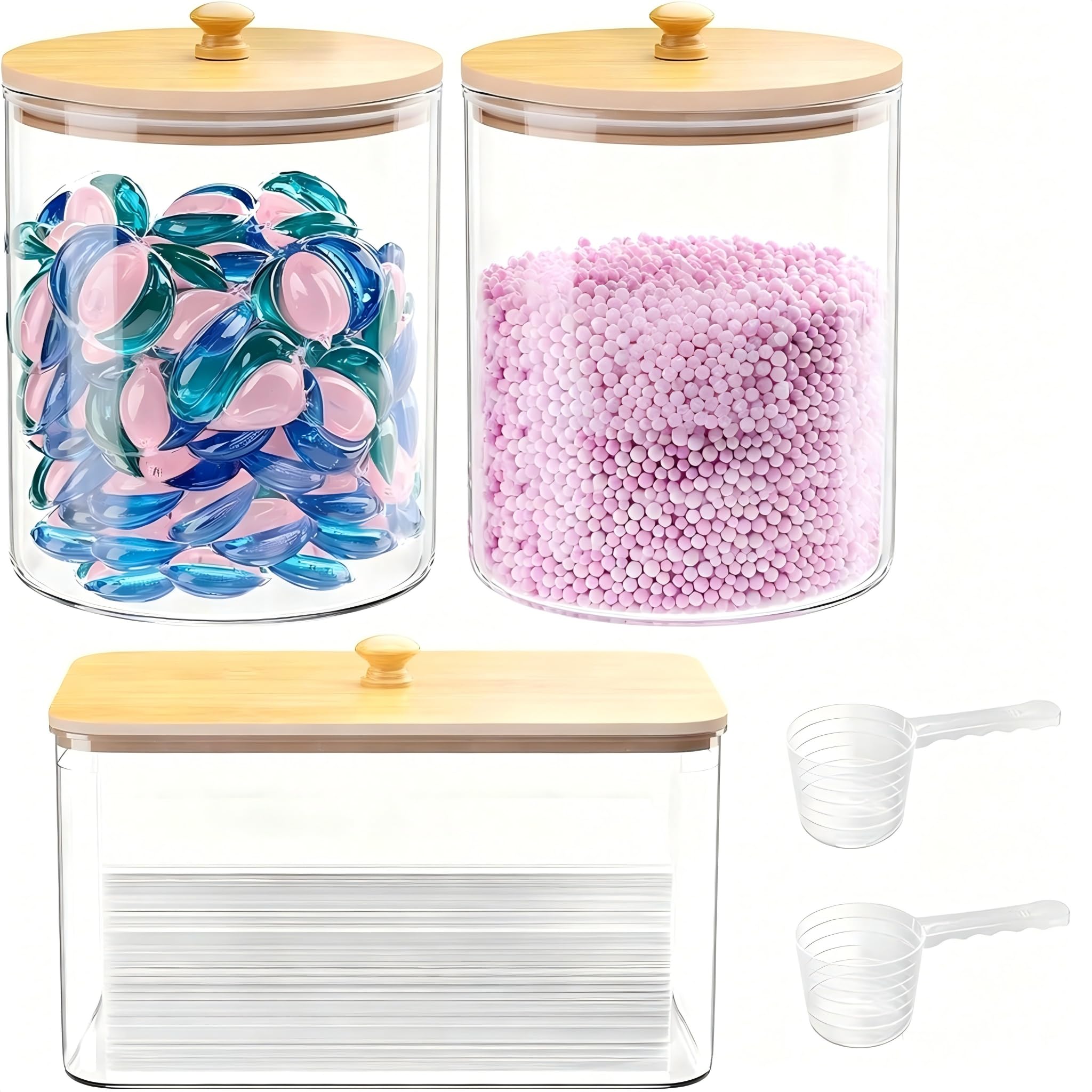 Photo 1 of 2+1 Pack Glass Laundry Pods Container & Acrylic Dryer Sheet Holder, Clear Laundry Room Organization Containers with Bamboo Lids & Labels, Powder Laundry Detergent Container for Scent Booster, Powder