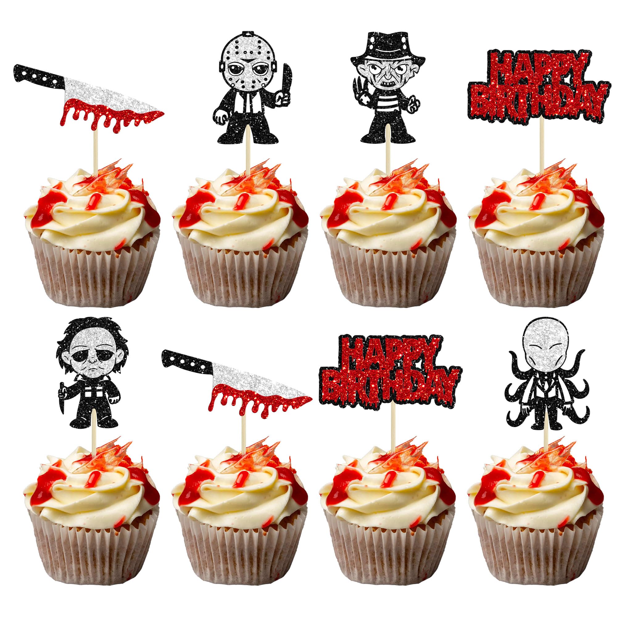 Gyufise 24 Pcs Horror Movie Cupcake Toppers - Glitter Ghost Cupcake Picks Killer Birthday Cake Decorations for Horror Movie Theme Birthday & Halloween Party