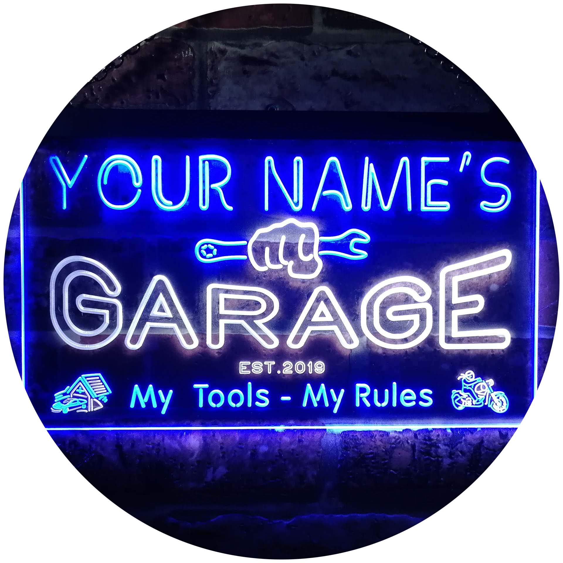ADVPRO Personalized Your Name Est Year Theme Garage Man Cave Decor Dual Color LED Neon Sign White & Blue 24" x 16" st6s64-pp1-tm-wb