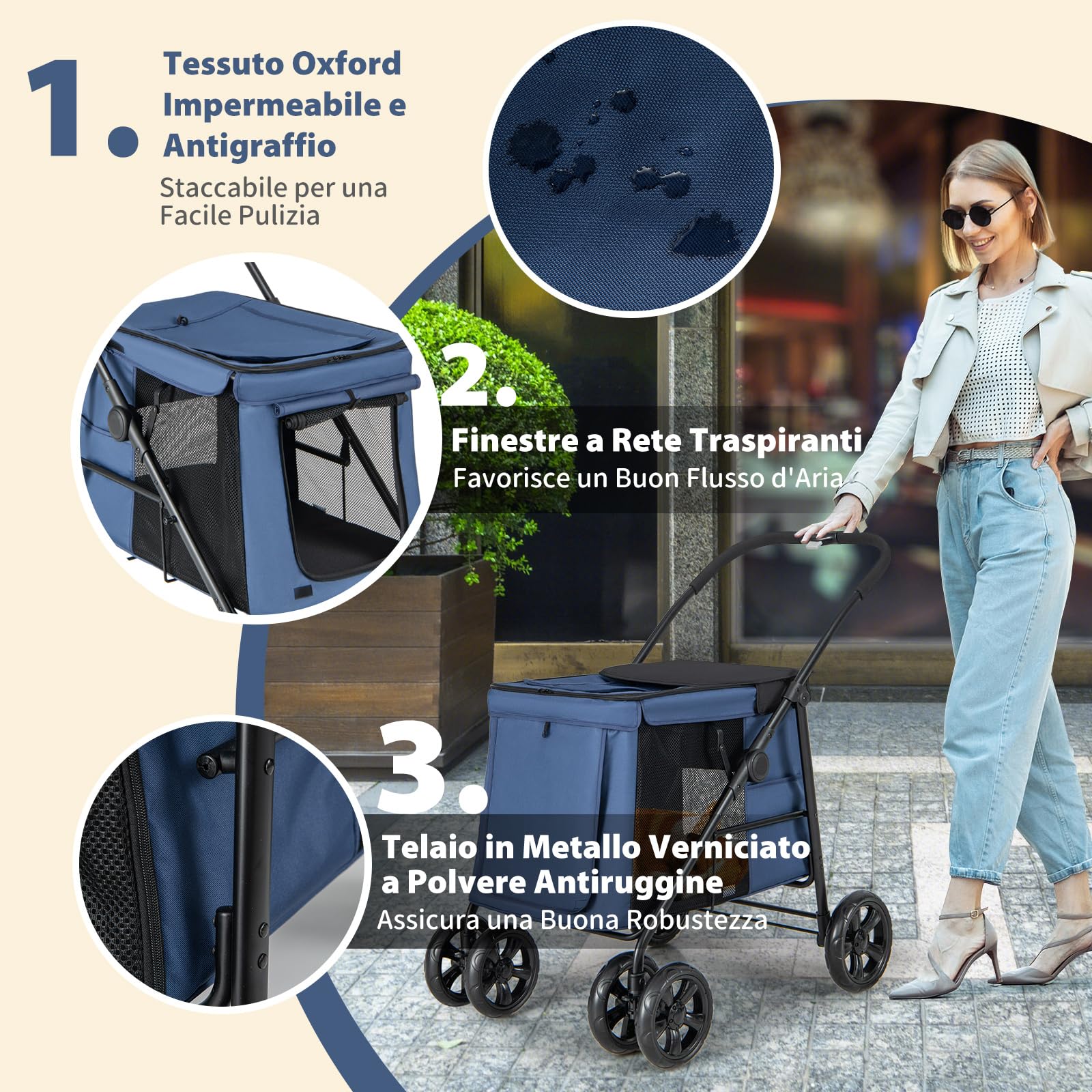 COSTWAY Passeggino per Cani Pieghevole, Carrello a 4 Ruote per Animali Domestici Piccoli e Medi, Trasportino Portatile con Ruote, Lucernario e Tasche, Chiusura Rapida (Blu)