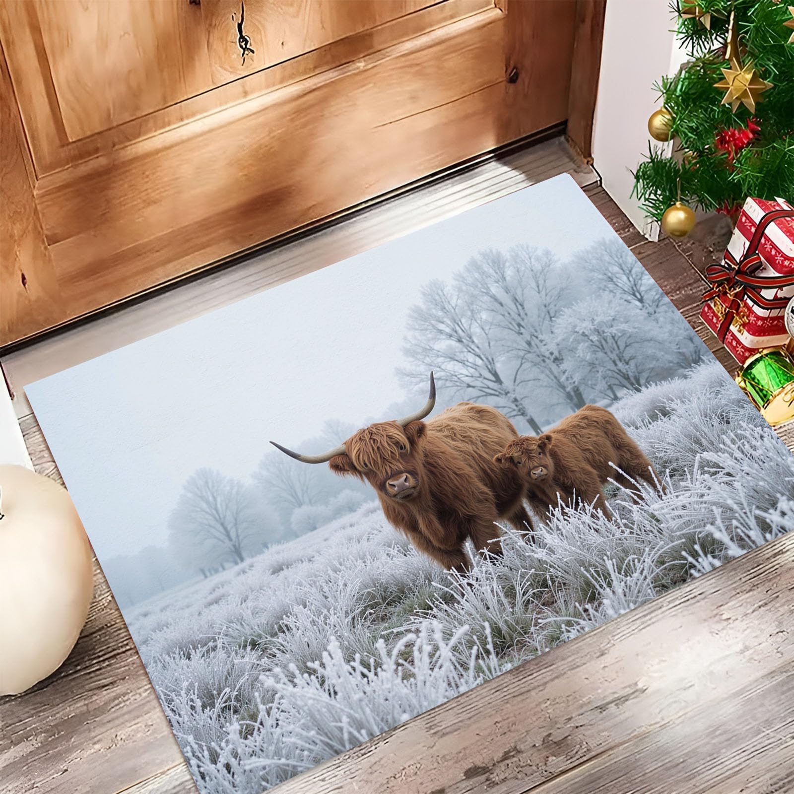Zerbino Trappola Sporco Paesaggio Invernale Animali, 90X150Cm, Tappetino Antiscivolo Lavabile Campo Innevato Bovini Highlands, Zerbino Interno Morbide Assorbenti Per Corridoio Ingresso Porta, Bianco
