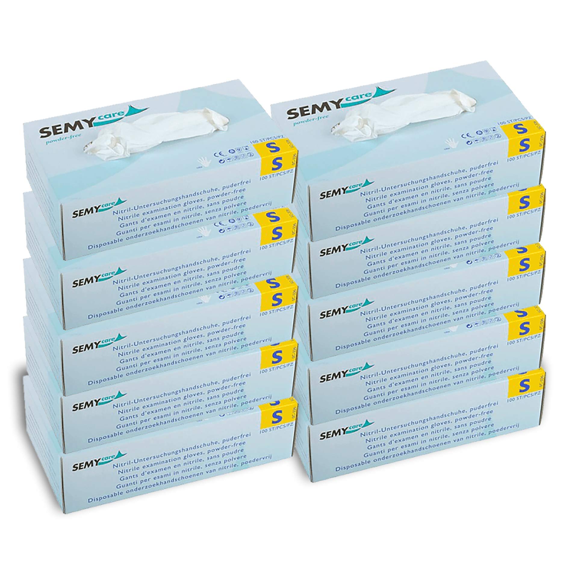 Semy cura senza talco guanti monouso in nitrile taglia S a norma AQL 1.5 (10 confezioni da 100 guanti) bianco