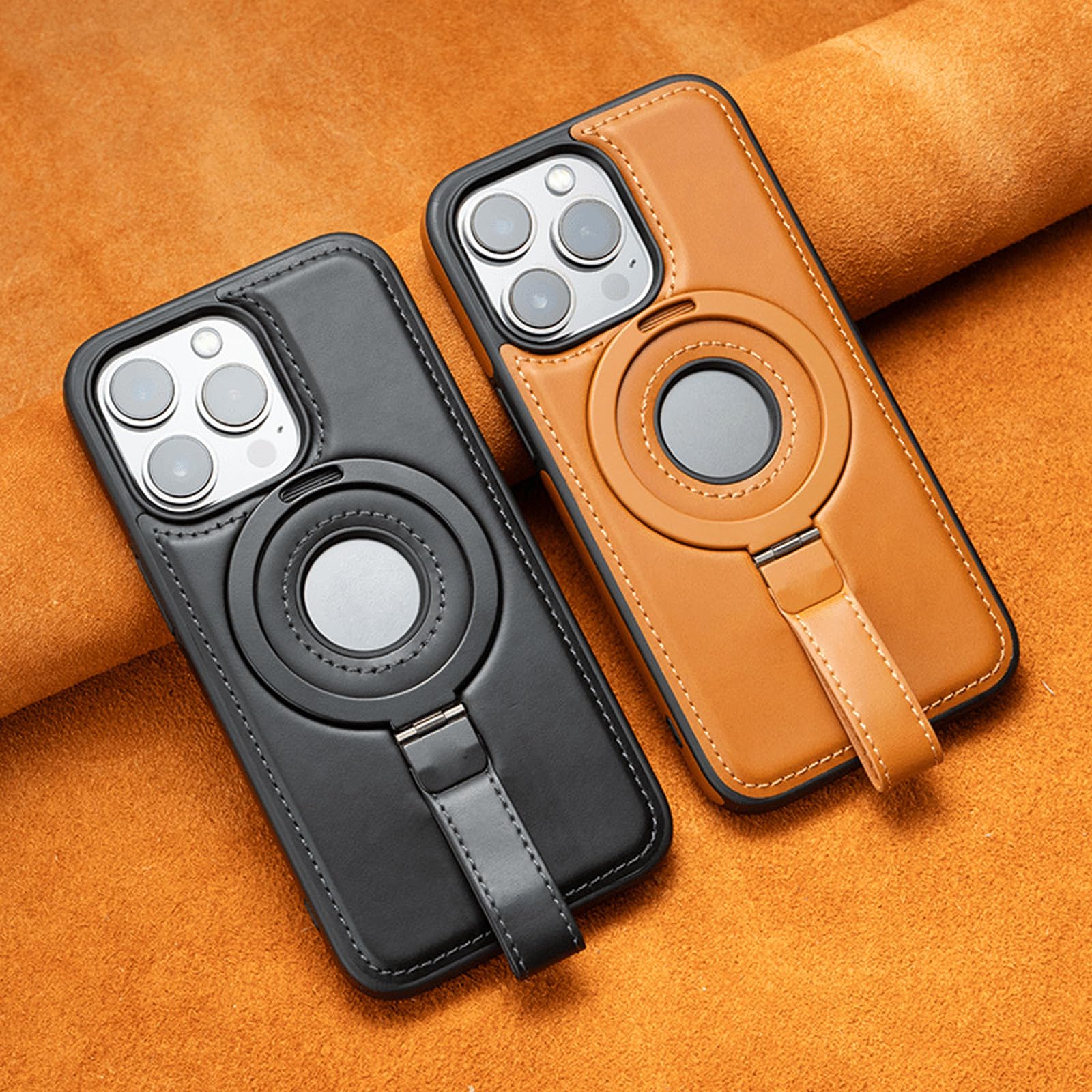 Skórzane etui do iPhone'a 16 Pro Max/16 Pro/16 Plus/16, etui na telefon z ładowaniem bezprzewodowym, podstawką na pierścień i pętlą na palec, logo View, brązowe, 16 Pro