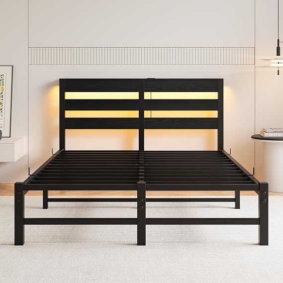 4ft6 Double Bed Frame with Charging Station and LED Lights, Heavy Duty Metal Platform Double 135x190 cm Bed Frame with Wood Storage Headboard, No Box Spring Needed, Noise Free, Black
