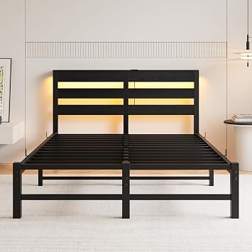4ft6 Double Bed Frame with Charging Station and LED Lights, Heavy Duty Metal Platform Double 135x190 cm Bed Frame with Wood Storage Headboard, No Box Spring Needed, Noise Free, Black