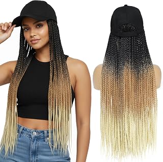 Hat Wig for Women Baseball Cap with Braided Hair Attached 24inch long Synthetic Box Braid Wig Hat Adjustable Cap with Ombre Black Brown Blonde Braids for Daily Outdoor Use