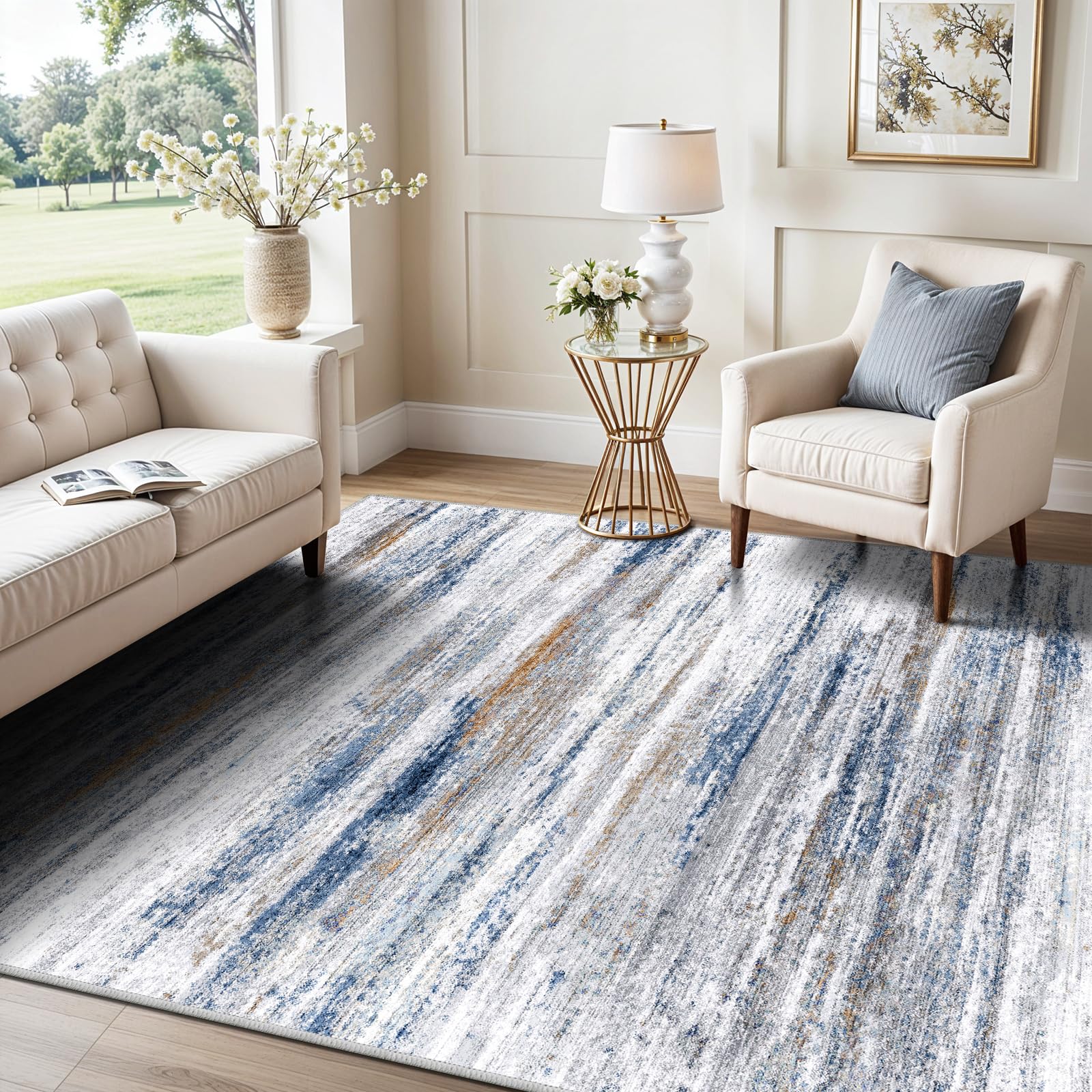 5x7 Area Rug for Living Room: Non-Slip Washable Rugs for Dining Room Bedroom Study Home Office - Easy-to-Clean Stain and Water Resistant Carpet - Soft Low-Pile Mat Navy Grey