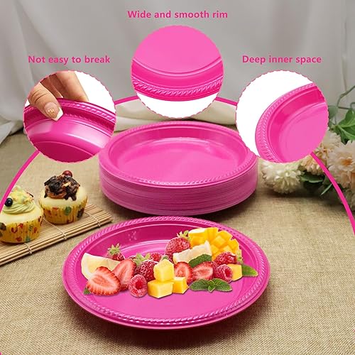 Miniatura 3 de 150 platos desechables de plástico rosa intenso, platos de plástico desechables de 9 pulgadas para fiestas, platos de plástico resistentes para el