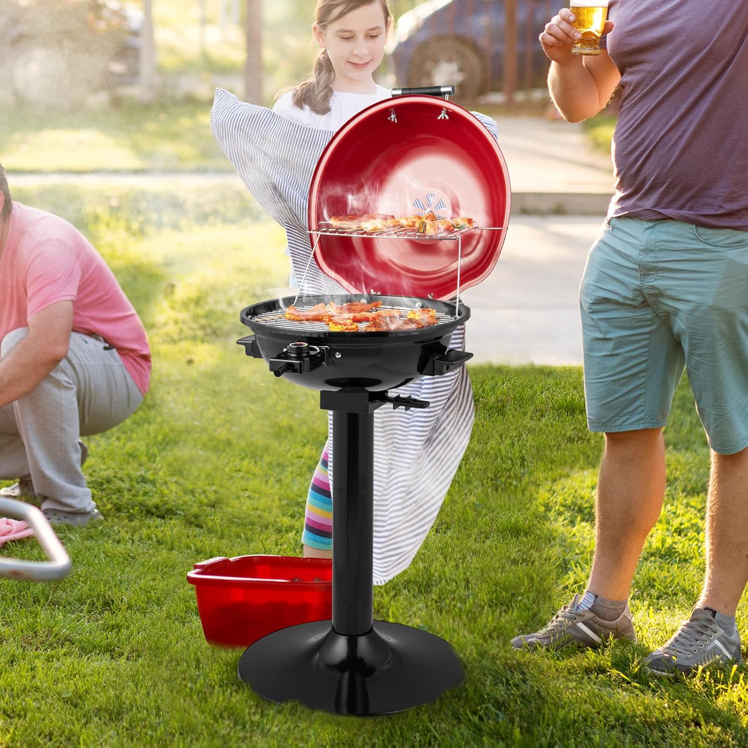 ORALNER Electric BBQ Grill with Stand, Warming Rack & Drip Tray, 15-Serving Electric Griddle Indoor & Outdoor Cooking Grilling Portable Patio Grill, for Balcony, Garden, Apartment, 1600W (Red)