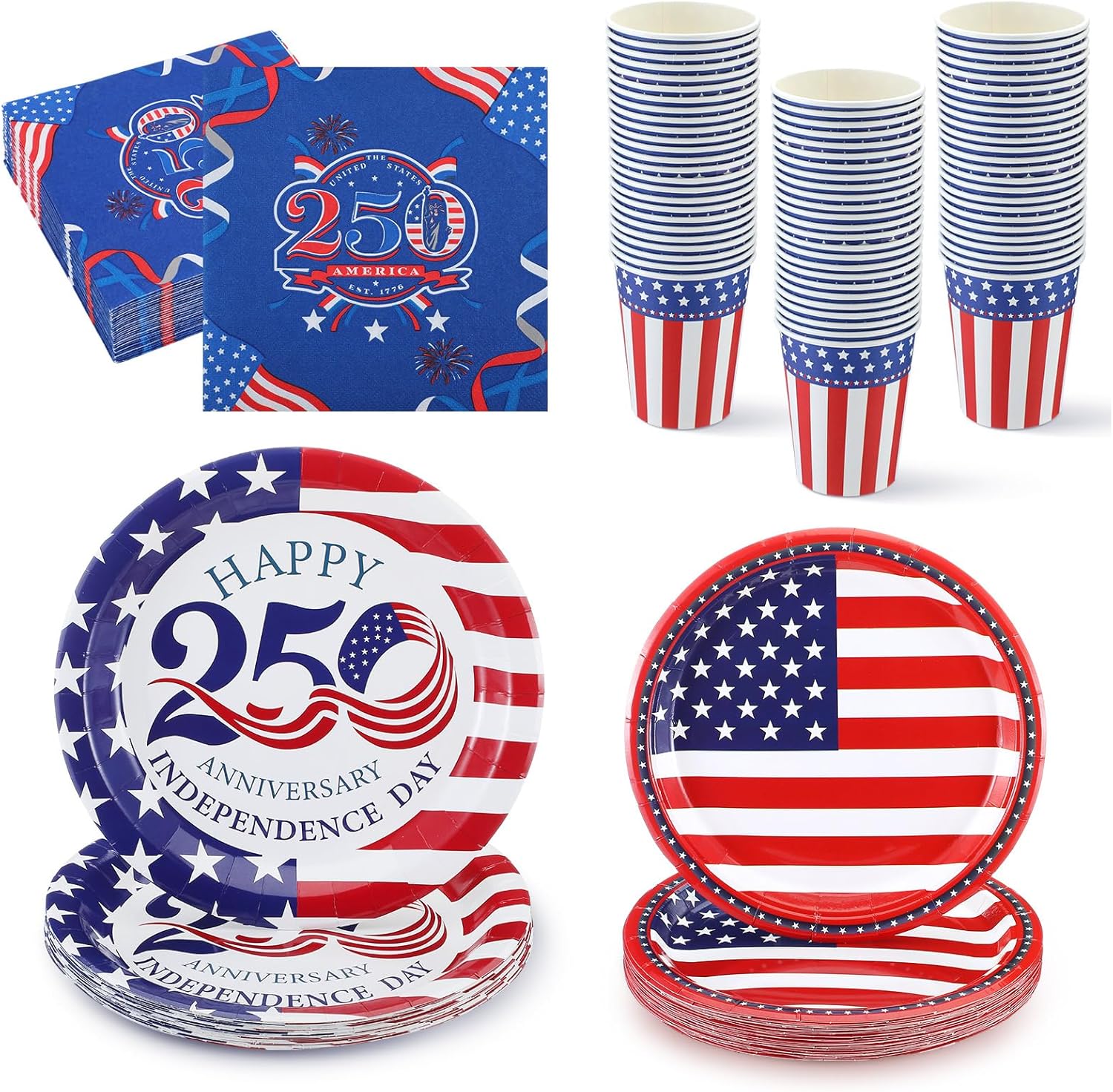 Teenyyou 100 Pcs 250 Year Anniversary Dinnerware Sets Disposable 250 Anniversary Plates and Napkins Set Tableware Serve 25 Guests for Independence Memorial Day Party Supplies