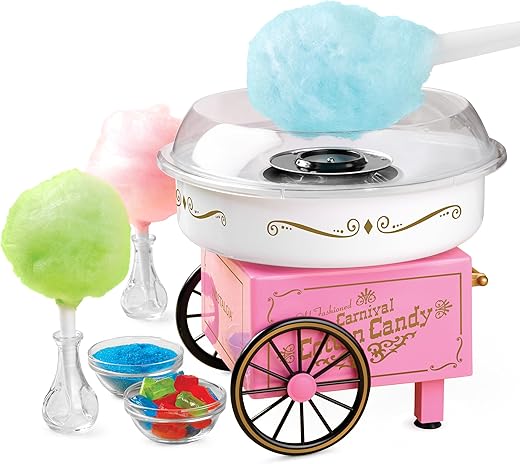 Nostalgia Cotton Candy Machine – Retro Cotton Candy Machine for Kids with 2 Reusable Cones, 1 Sugar Scoop, and 1 Extractor Head – Pink