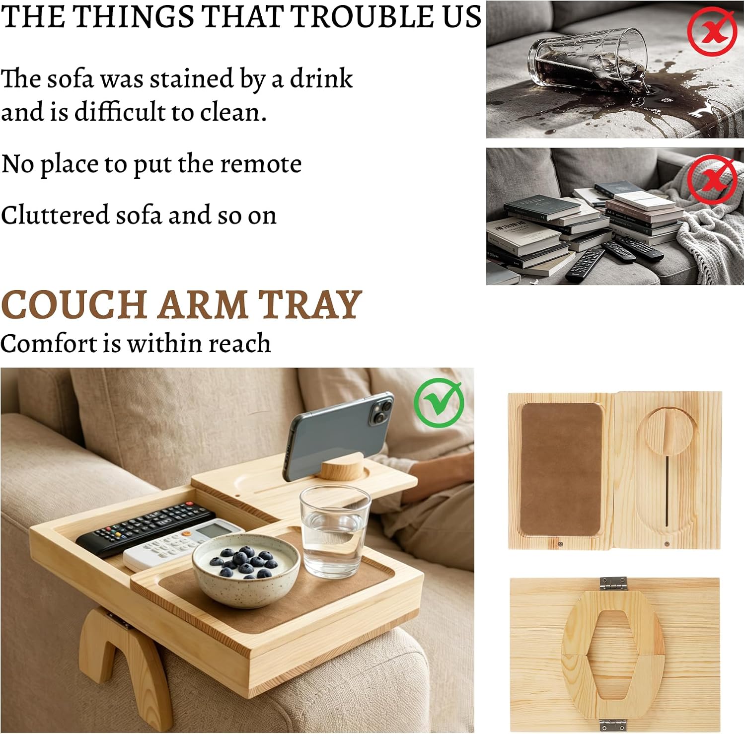 Couch Arm Tray, 11.8"x9" Wooden Sofa Armrest Table with 2 Rotating Trays, 360° Phone Holder, Non-Slip Adjustable Sofa Arm Clip Table with Storage Box for Snacks Drinks Remote