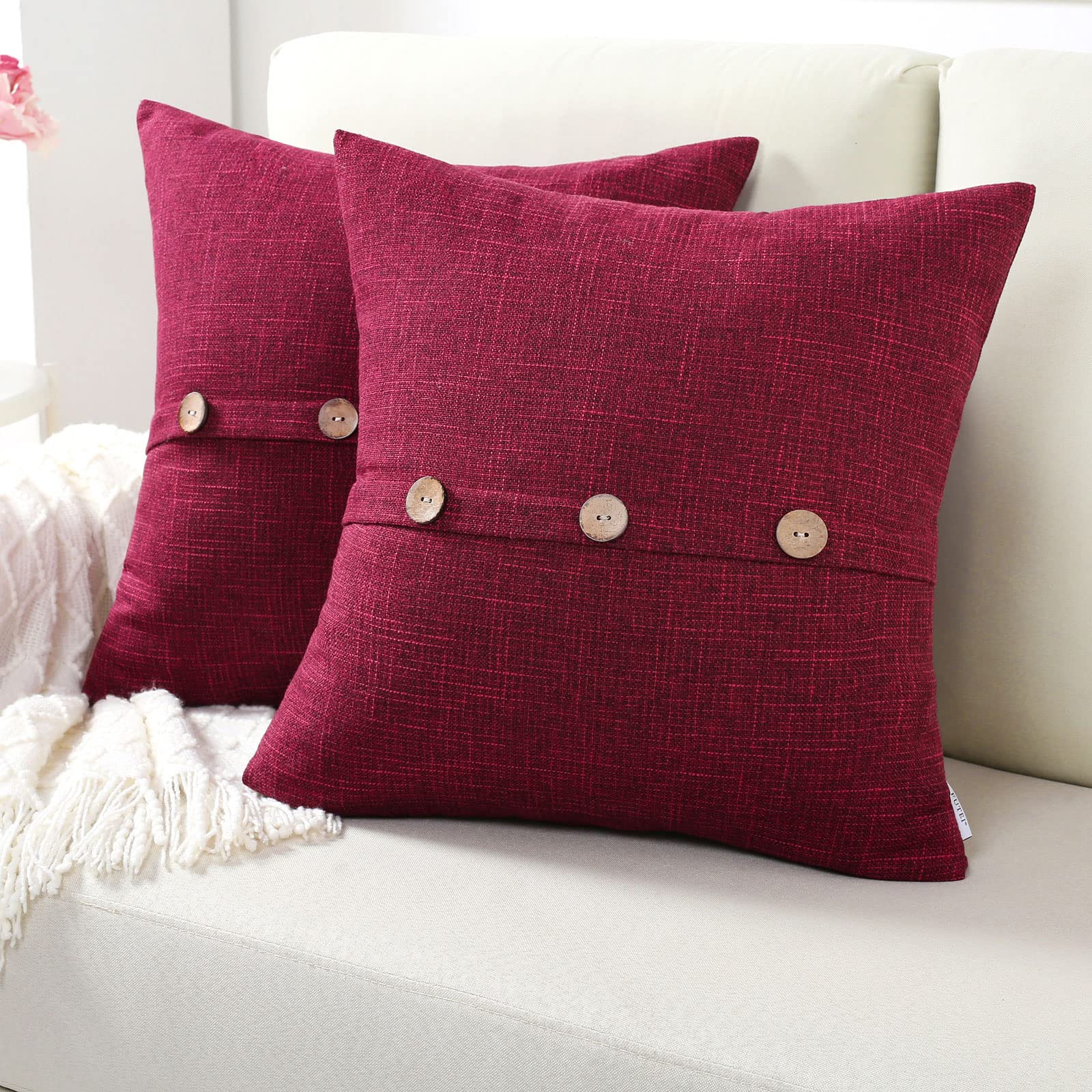 View 1 of Burgundy Linen Decorative Throw Pillow Covers 14x14 Inch Set of 2, Square Cushion Case with Vintage Button/Zipper,Modern Farmhouse Home Decor for Couch,Bed Burgundy 14"x14"