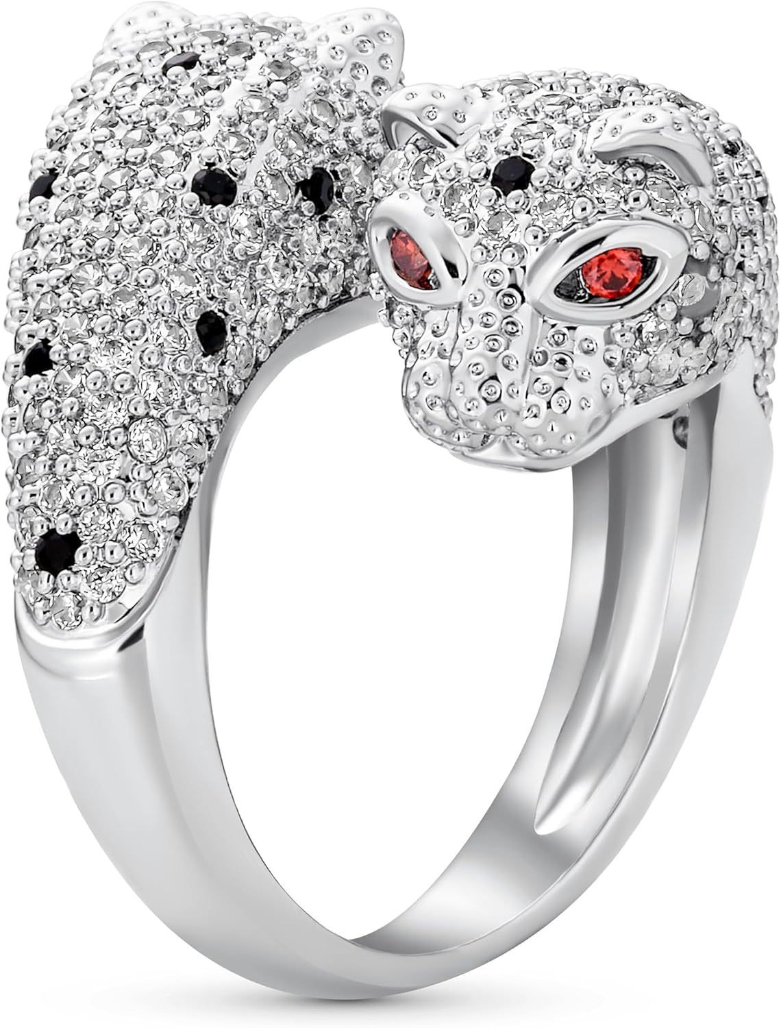 Green Eye Black White Cubic Zirconia CZ Fashion Leopard Panther Cat Statement Bypass Ring For Women Silver Plated Brass