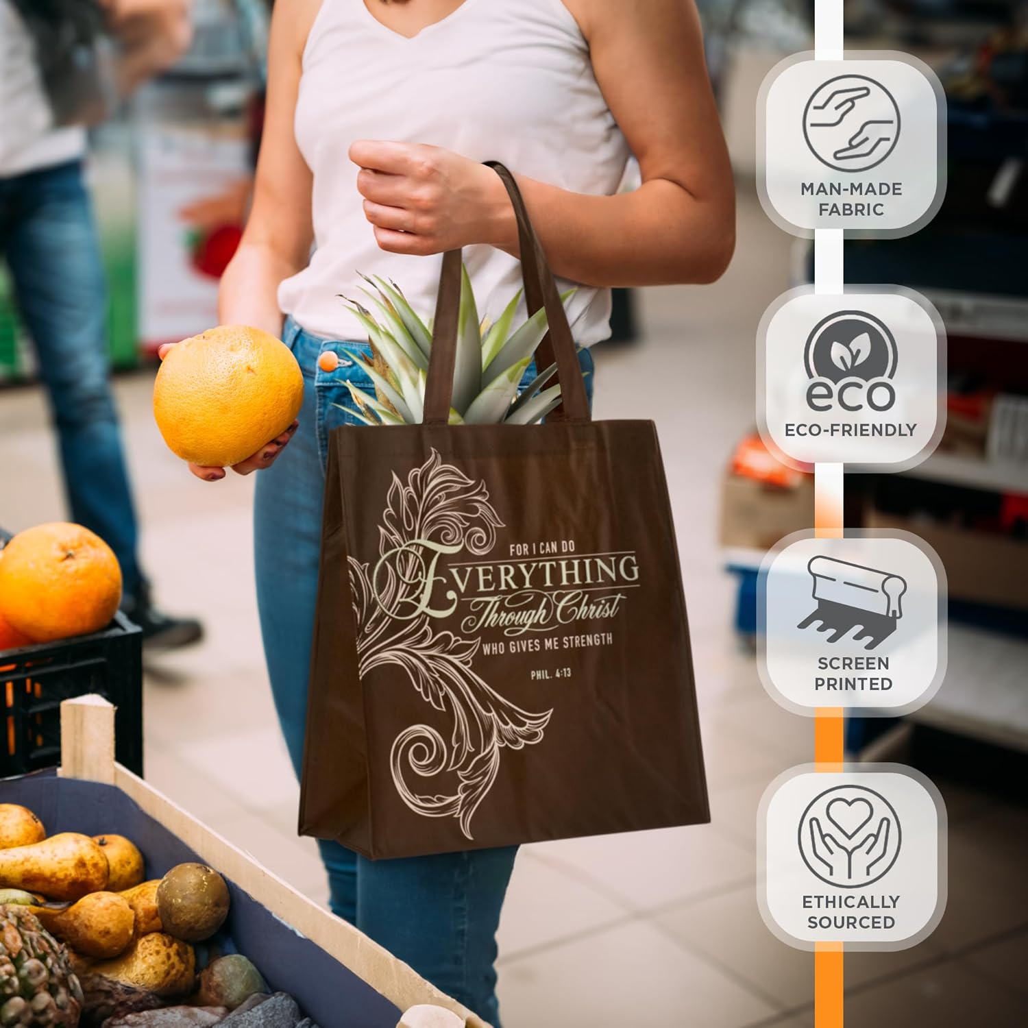 Christian Art Gifts Reusable Fashion Shopping Tote Bag for Women: Everything Through Christ - Philippians 4:13 Inspirational Bible Verse Durable Handbag for Groceries, Books, Supplies, Chocolate Brown - Image 3