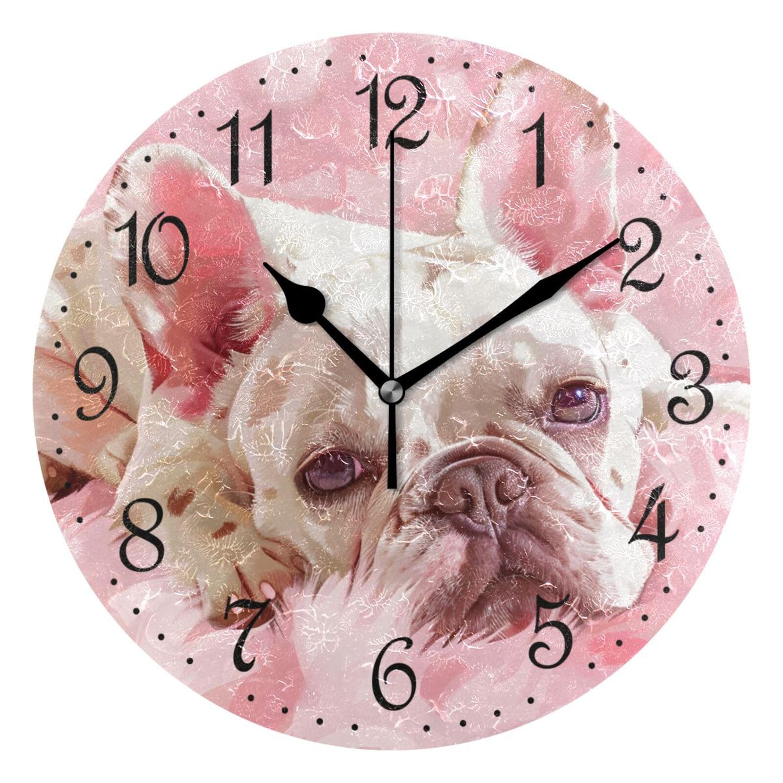 Mnsruu Wall Clock Bulldog Pink, Silent Non-Ticking Decorative Wall Clocks Battery Operated 25x25cm