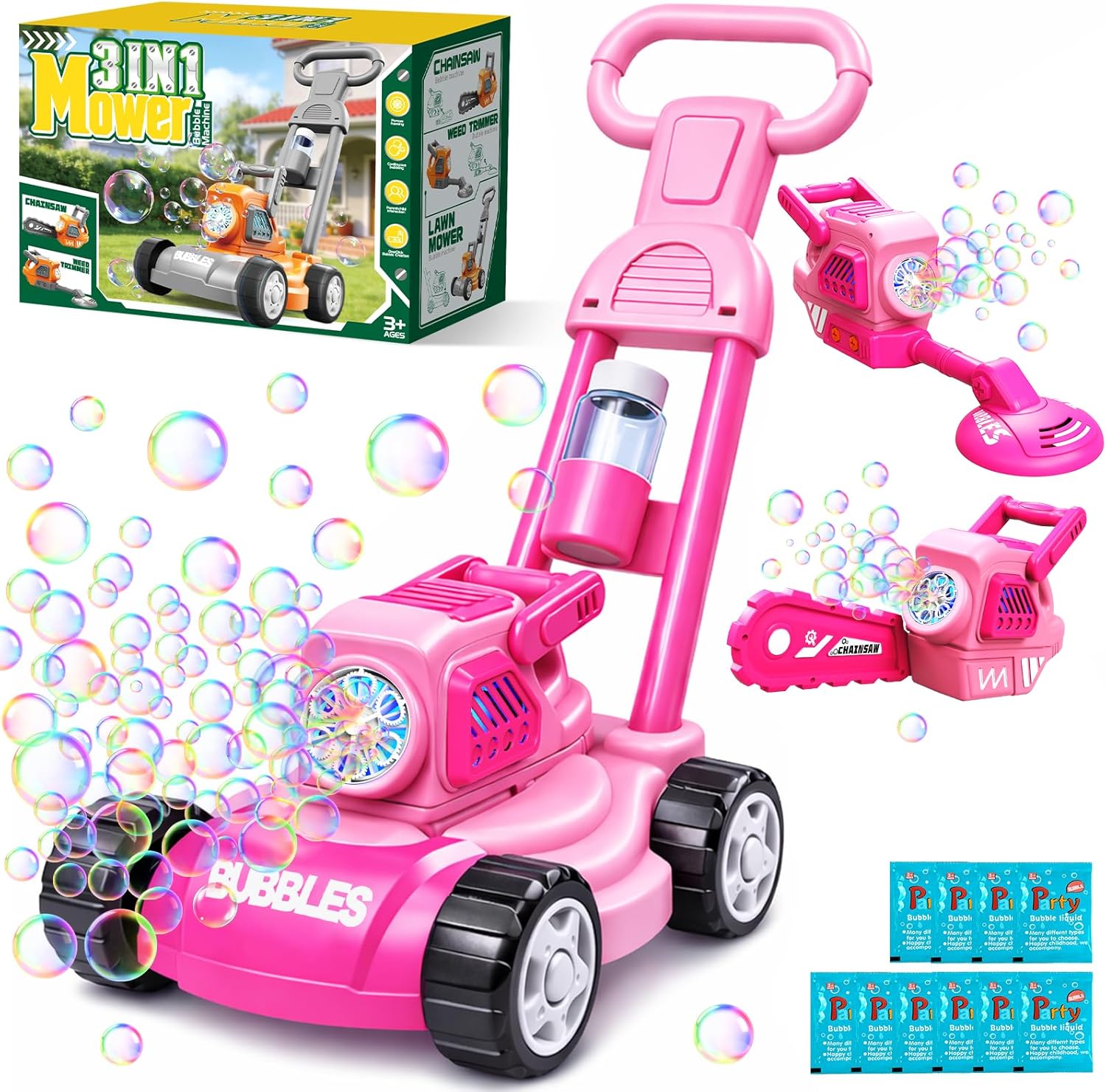 Bubble Lawn Mower for Kids, 3-in-1 Bubble Machine Blower with 10 Bubble Solution, Outdoor Push Toys for Toddlers Ages 3-8, Birthday Easter Summer Gift for Boys Girls 3 4 5 6 7 8 Year Old