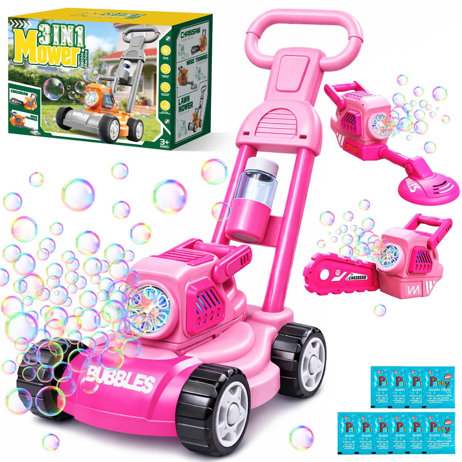 Bubble Lawn Mower for Kids, 3-in-1 Bubble Machine Blower with 10 Bubble Solution, Outdoor Push Toys for Toddlers Ages 3-8, Birthday Easter Summer Gift for Boys Girls 3 4 5 6 7 8 Year Old - 2