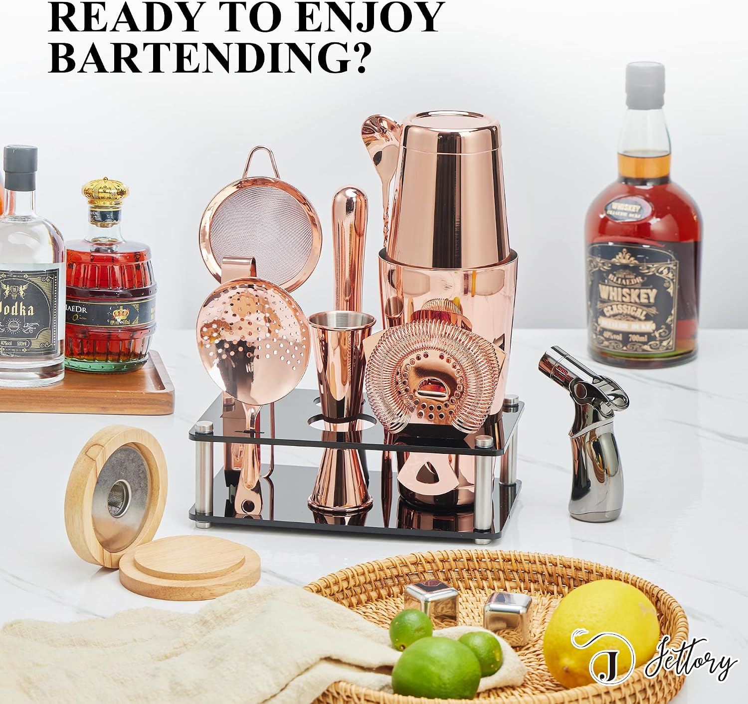 Boston Shaker Set - 10-Piece Stainless Steel Cocktail Shaker Set with Acrylic Base, Bar Strainer, Ice Tongs, Bar Spoon, Measuring Cup, Muddler - Perfect for the Home Bar (Rose Gold) image 4