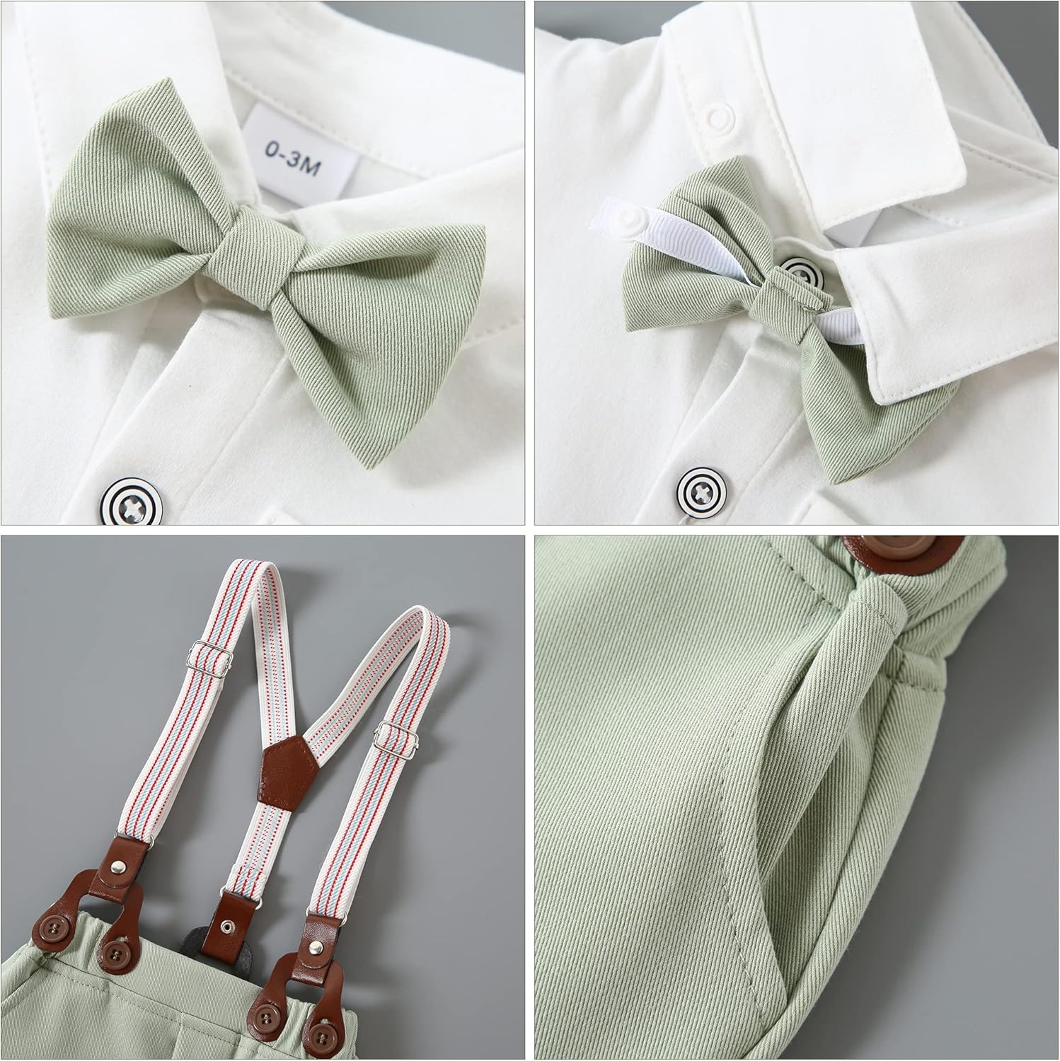 WESIDOM Baby Boy Clothes Suit 0-24 Months Gentleman Outfits, Short Sleeve Dress Romper+Bowtie+Detachable Suspender Shorts Set - Image 3