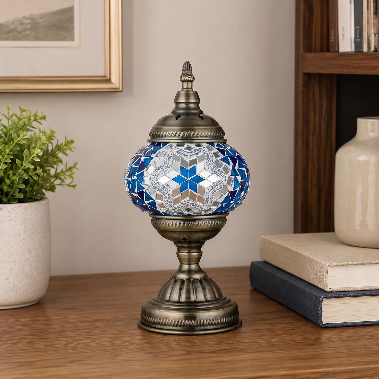 GOGERS Turkish Moroccan Table Lamp Lantern with Handmade Mosaic Glass Lampshade Tiffany Style Bohemian Stained Glass Decorative Desk Lamps Bedside Night Lights for Bedroom (Blue White)
