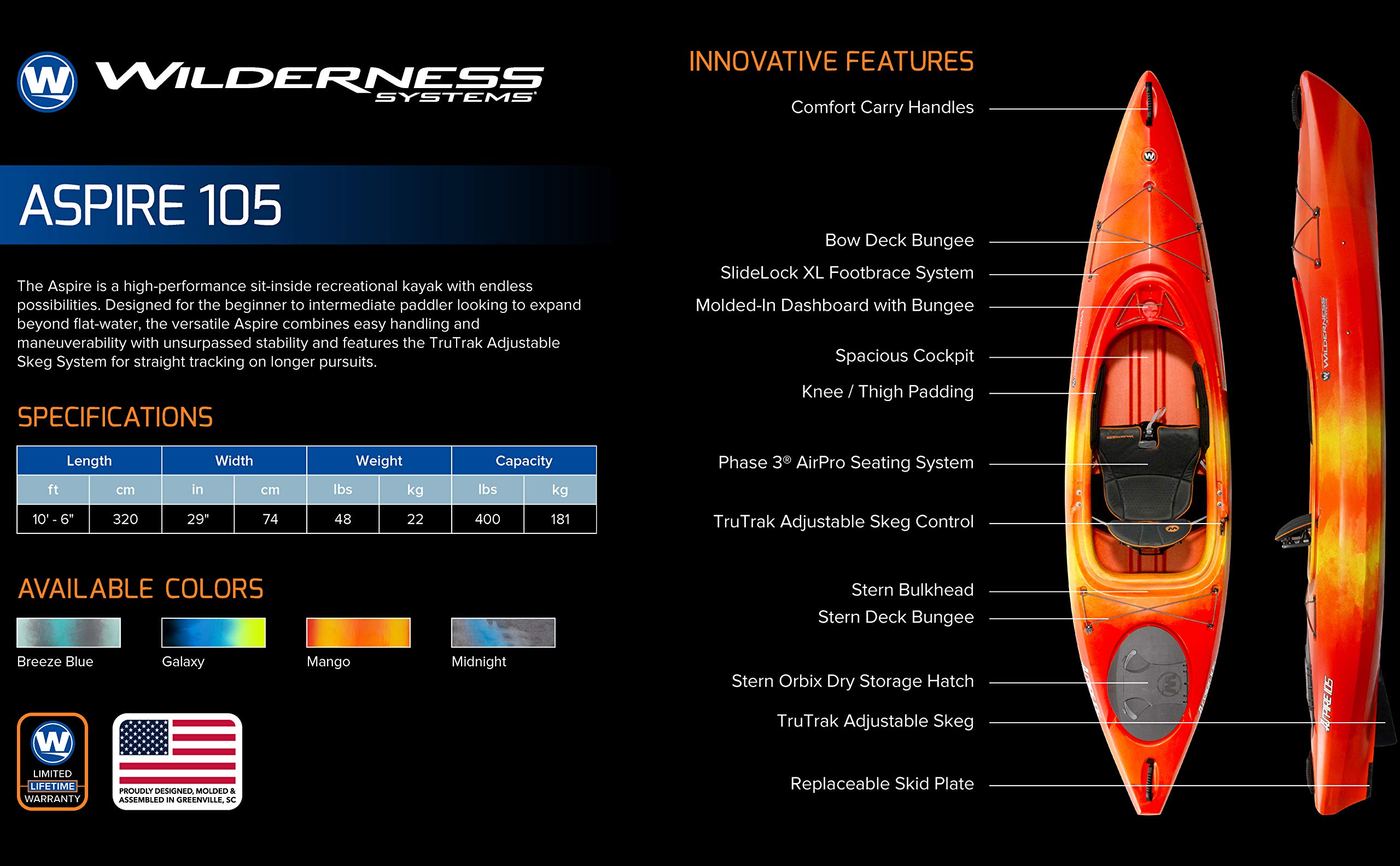 Wilderness Systems Aspire 105 | Sit Inside Recreational Kayak | Adjustable Skeg - Phase 3 Air Pro Seating | 10' 6