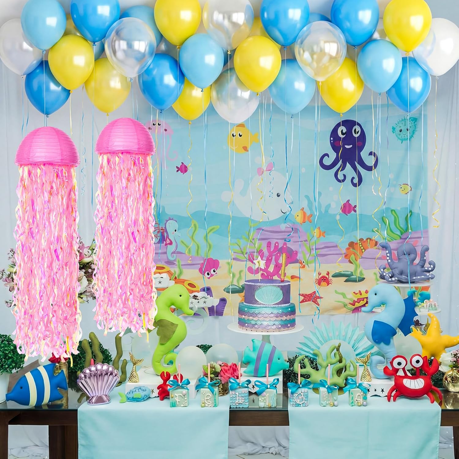 Capoda 99 Pcs Sponge Theme Jellyfish Paper Lantern Decorations Set, Under the Sea Yellow and Blue Balloons Ocean Pink Jellyfish Hanging Ornaments for Summer Birthday Baby Shower Beach Bar Decor
