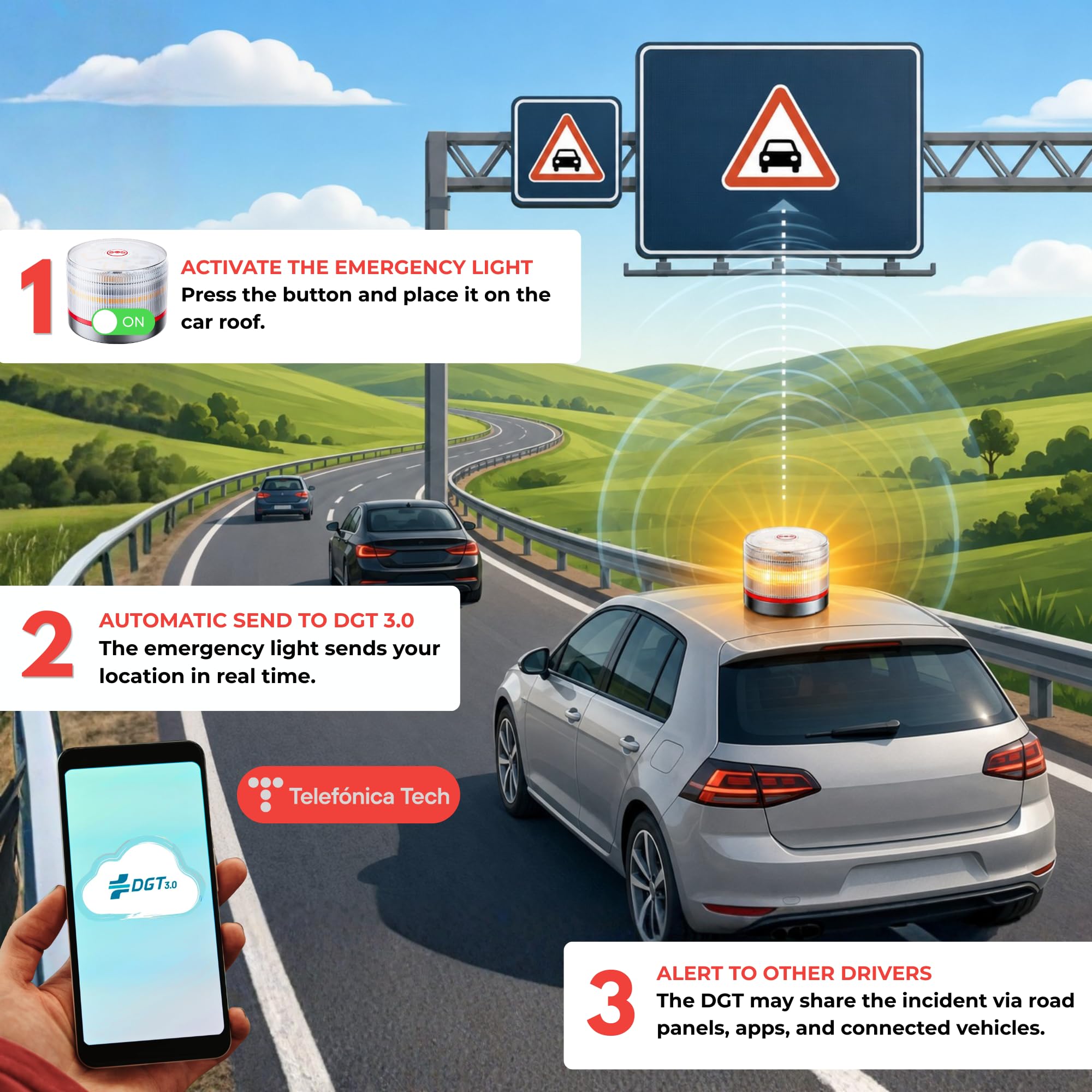 MAGIC SELECT 2x Luz de Emergencia V16 DGT 3.0 Homologada con Geolocalización para Señalización en Carretera, Coche y Moto, Luz Intermitente Naranja 360º, Base Imantada, Incluye1 Pila 9V.