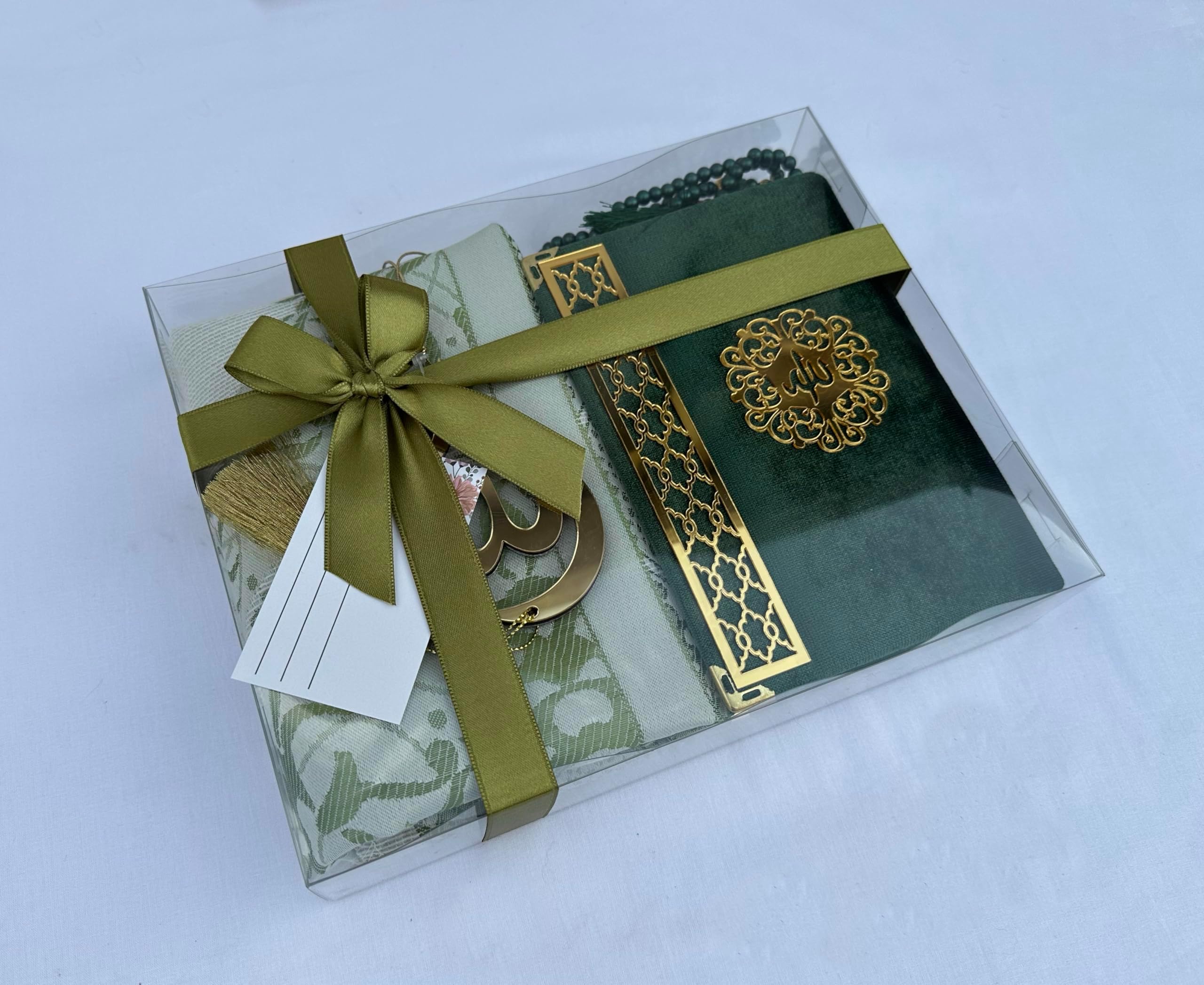 SAIKA Prayer Mat Set with Thank You Card, Arabic Quran Prayer Mat, Beads and Car Hanger Set, Ramadan, Eid, Wedding, Birthday, Graduation, Mother's Day (Ivy)
