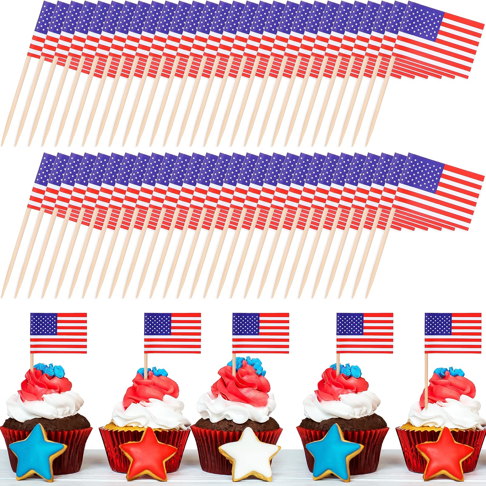 1000 Pcs 4th of July American Toothpick Flag Toppers Cake Decorations Independence Day Patriotic Cupcake Toppers Picks for Army Graduation Party