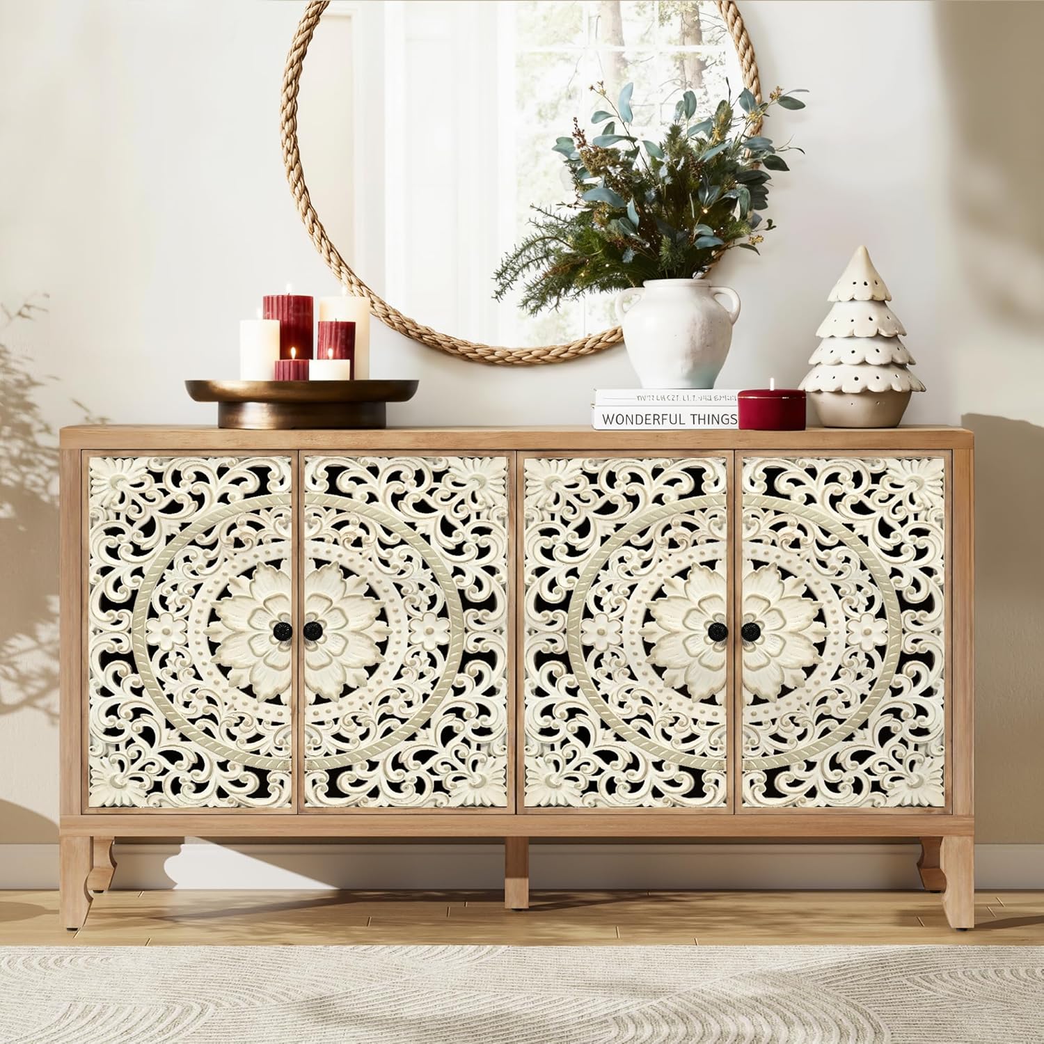 Buffet Cabinet with Storage, Distressed Storage Cabinet with 4 Carved Doors and Adjustable Shelf, Wooden Accent Sideboard Buffet Cabinets for Kitchen, Living Room, Entryway, Black&Natural