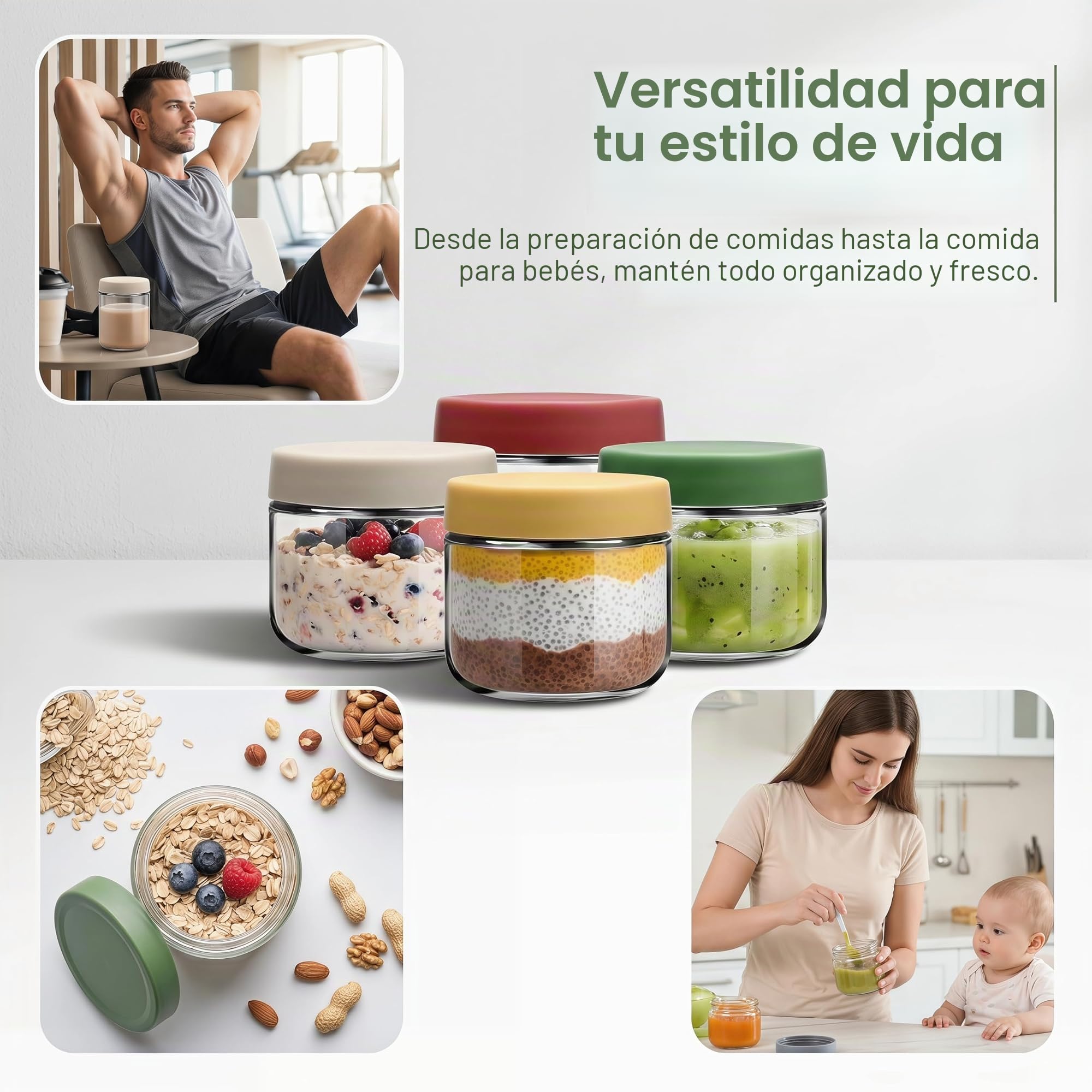 EONJOE Tarros de vidrio de 8 onzas con tapas, 1 taza, recipientes pequeños para pudín de chía, mermelada, aperitivos, yogur, avena durante la noche, caramelos, paquete de 6