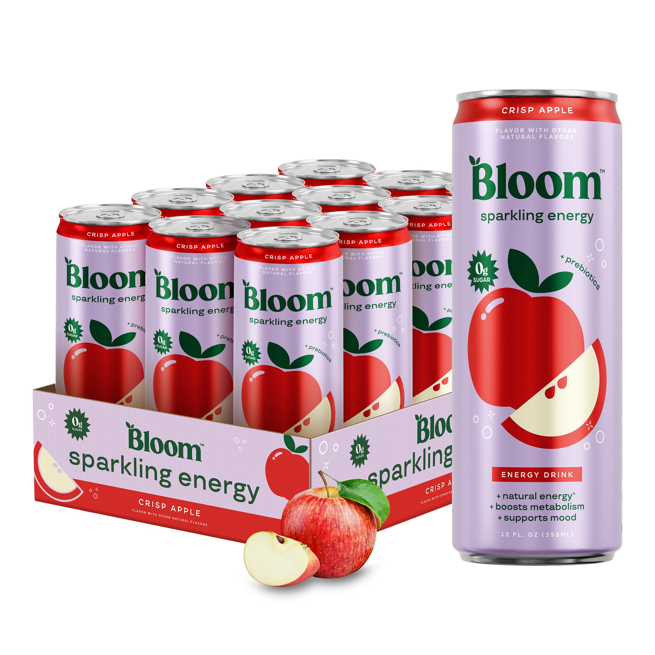 Bloom Nutrition Sparkling Energy Drink - Natural Caffeine, Zero Sugar, 180mg Caffeine - Antioxidant-Rich with Green Coffee Bean, Green Tea Extract, Prebiotics - Crisp Apple - 12oz 12 Pack