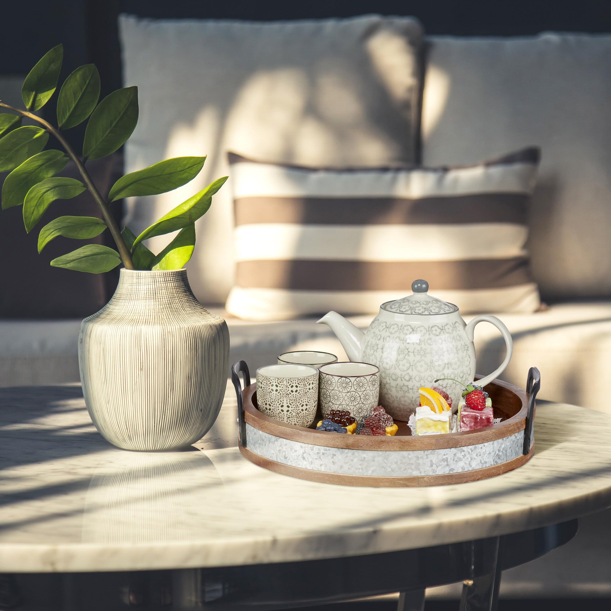 Relaxdays dienblad mangohout, Hx: ca. 7,5 x 36 cm, met handgrepen, opstaande rand, rond serveerblad, bruin
