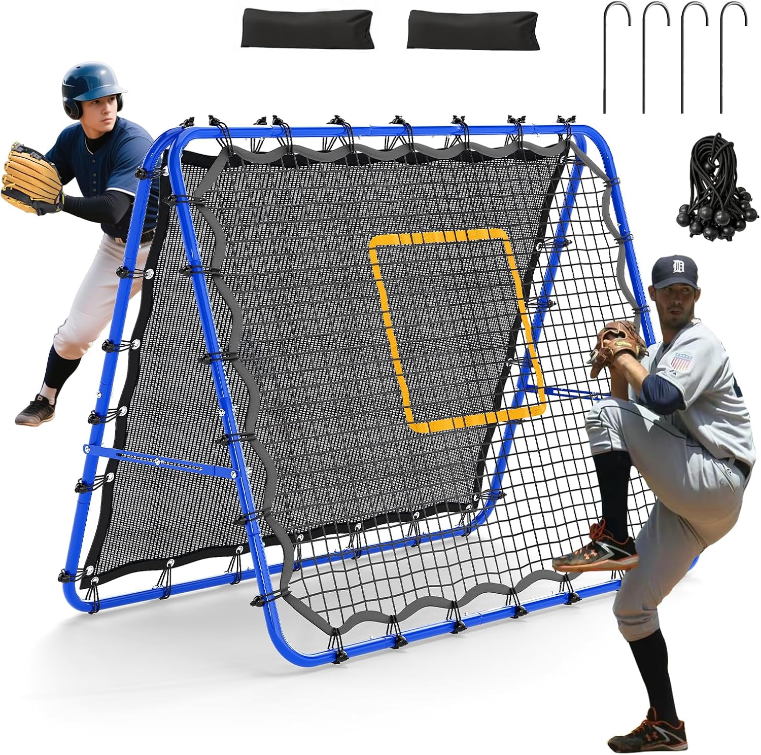 Baseball Rebounder Net, 2-Sided Baseball Volleybal Net with Fast/Slow Rebound, 6-Angle Adjustable Baseball Bounce Back Net Training Equipment