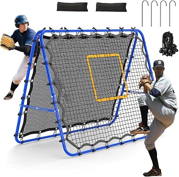 Baseball Rebounder Net, 2-Sided Baseball Volleybal Net with Fast/Slow Rebound, 6-Angle Adjustable Baseball Bounce Back Net Training Equipment
