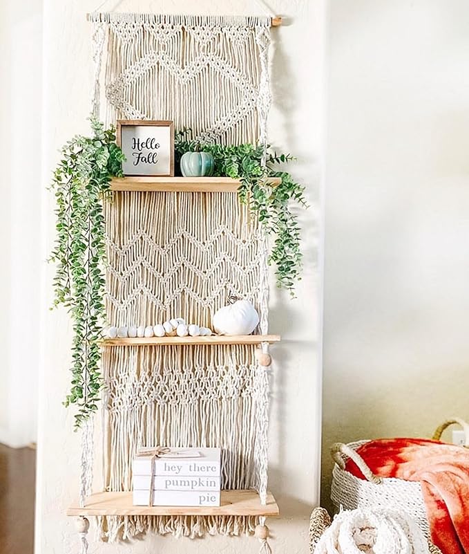 SnugLife Macrame Wall Hanging Shelf - 3 Tier Wall Plant Hanger Shelves with Handmade Woven Rope - Boho Shelves Organizer for Kitchen, Bathroom, Home Storage, Floating Plant Shelf (Pine Wood)