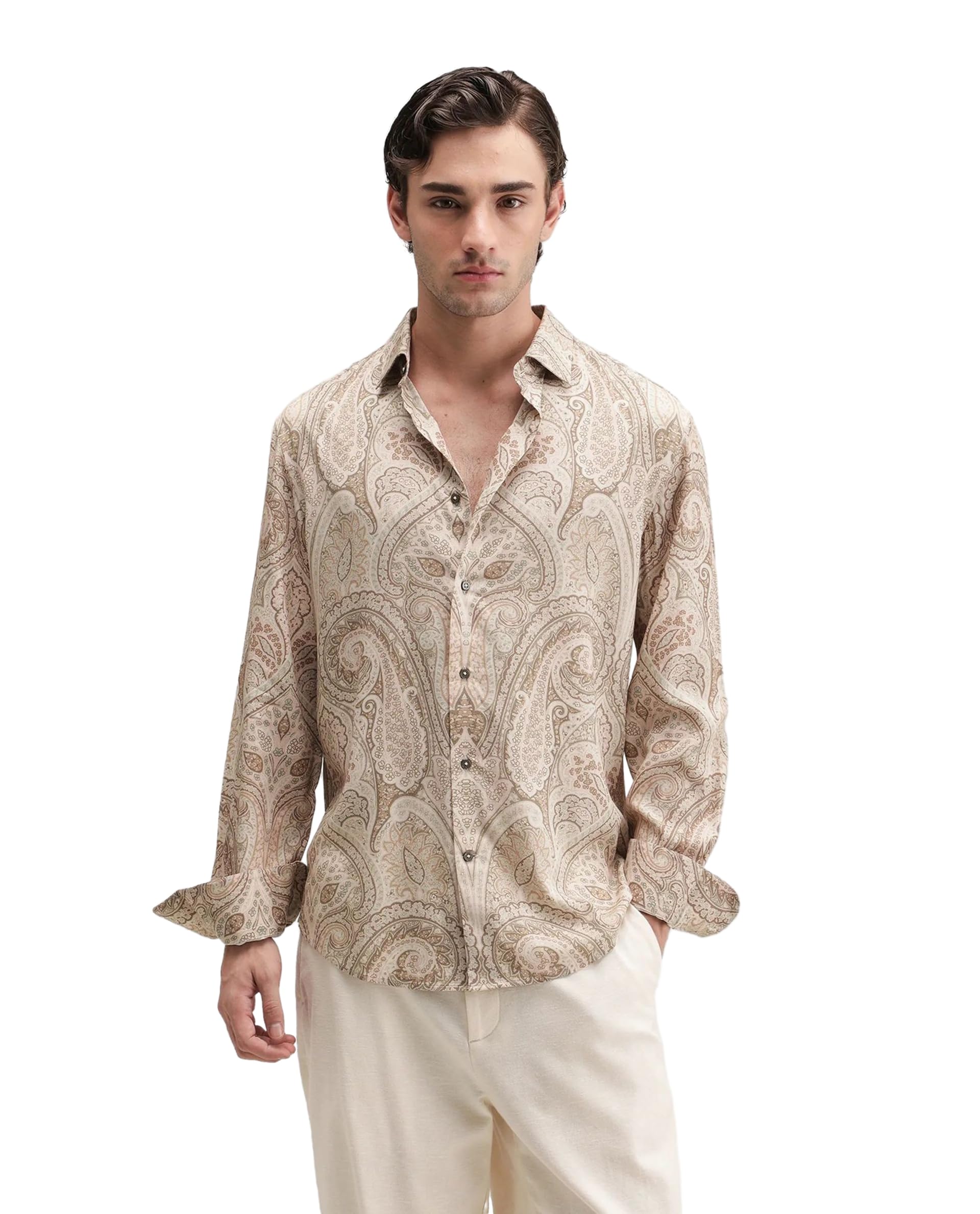 rare rabbit Men Regular Fit Beige Paisley Rayon Button-Down Long Sleeve Shirt-picture-32