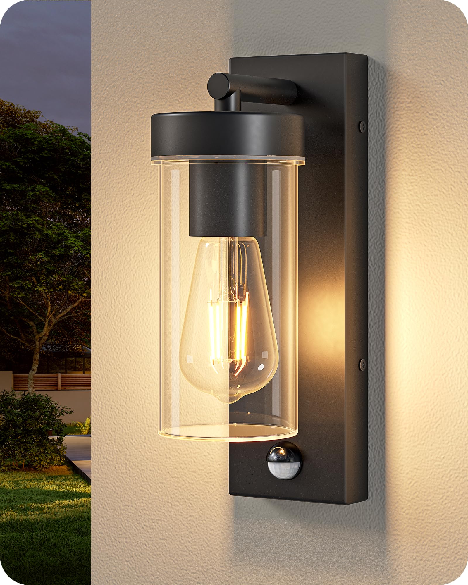 EDISHINE Dusk to Dawn Outdoor Wall Lights, Clear Glass Modern Outdoor Lighting with Motion Sensor, IP44 Waterproof, for Front Door, Patio, Garage, E27 Base, Black