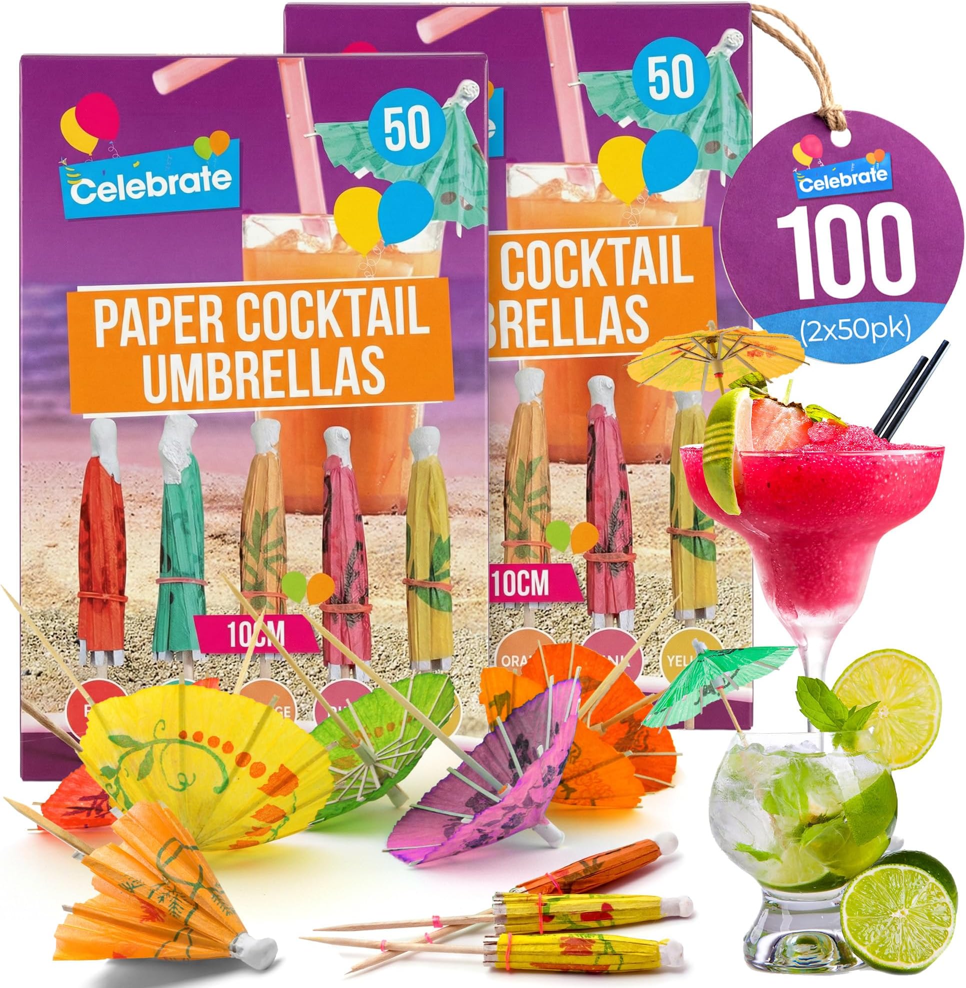 SOL 100pk Paper Cocktail Umbrellas - Assorted Colours for Drinks & Snacks - Durable Party Accessories for Hawaiian, Beach, Summer & Birthday Parties - Eye-Catching Designs for Drinks & Appetisers