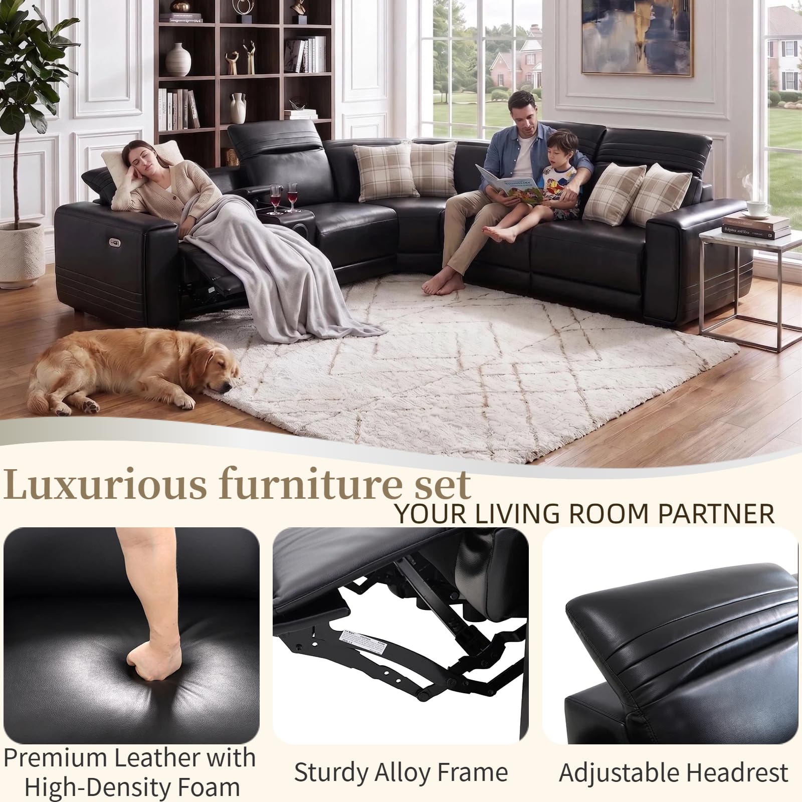 Leather Power Reclining Sectional Sofa with Bass Speakers for Living Room view 5